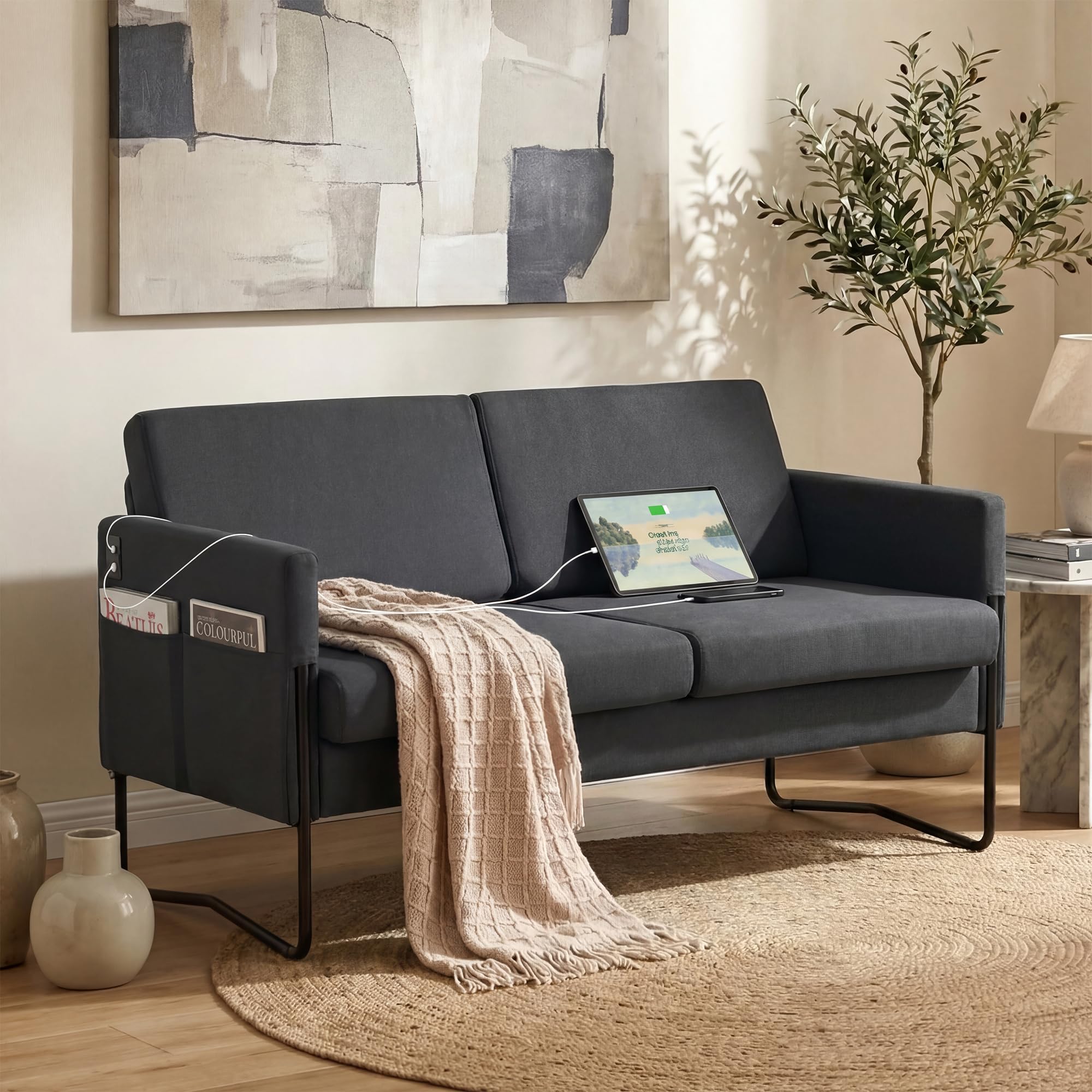 STHOUYN 51” Small Loveseat Sofa for Small Spaces, Comfy Black Couch with 2 USB Ports, Modern 2 Person Loveseats for Living Room Bedroom, Mini Teen