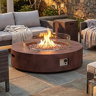 2-Piece Outdoor Propane Firepit Table Set w Tank Table, 42 inch Dark Fire Table Certified, 50,000 BTU w Bronze Round Base,Wind Guard and 16 inches Tank Side Table 20lb for Garden,Pool
