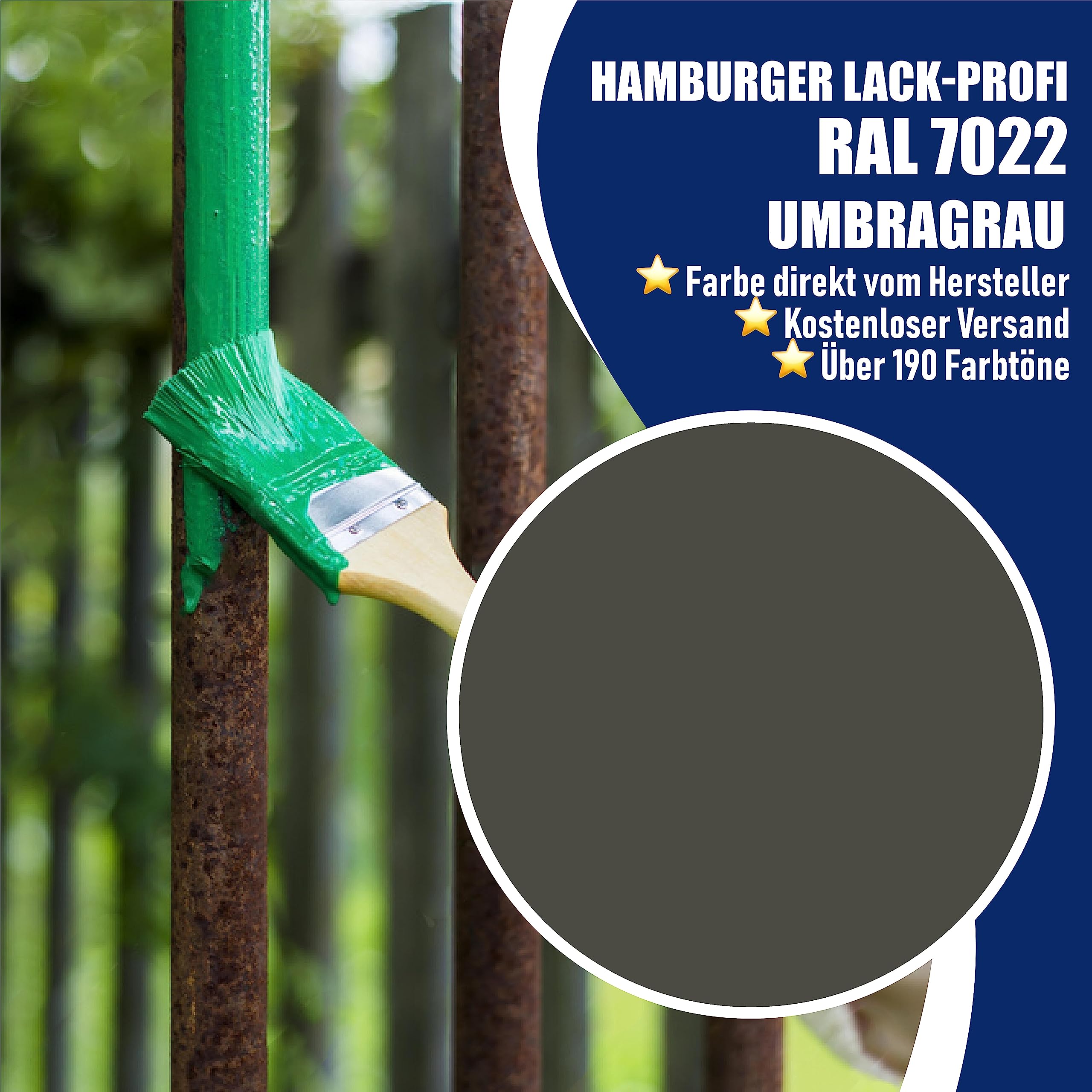 Metallschutzlack 3in1 SEIDENMATT Umbragrau RAL 7022 Grau Metallschutzfarbe 3-in-1 Grundierung, Rostschutz und Deckanstrich in Einem Metalllack Metallfarbe // Hamburger Lack-Profi (1 L)