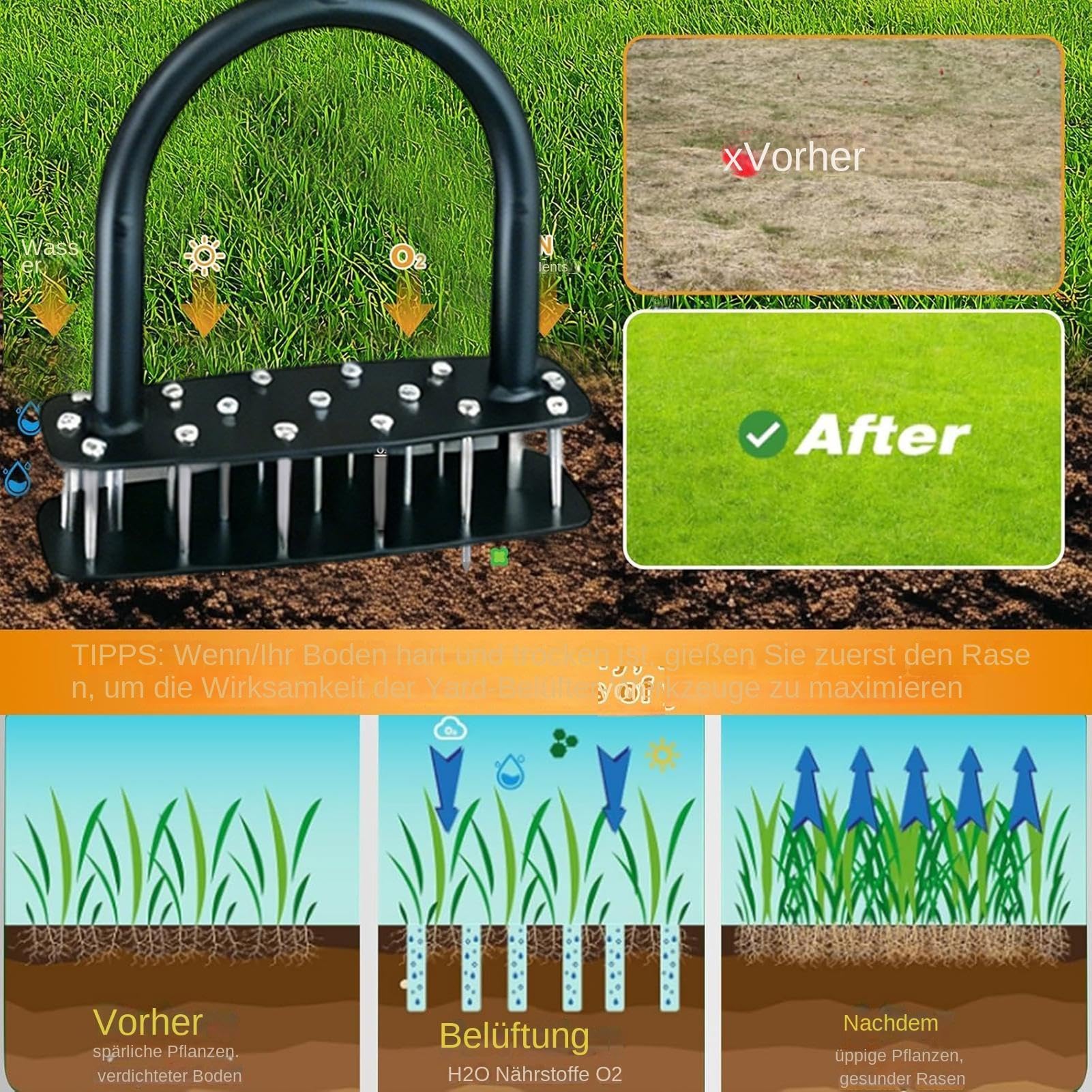 Herramienta aireadora de césped Manual De Alta Resistencia Con 15 Púas De | Aireador De Césped Con Púas Para Jardín Granja Patio Macizos Suelo Compactado Mantenimiento Parques