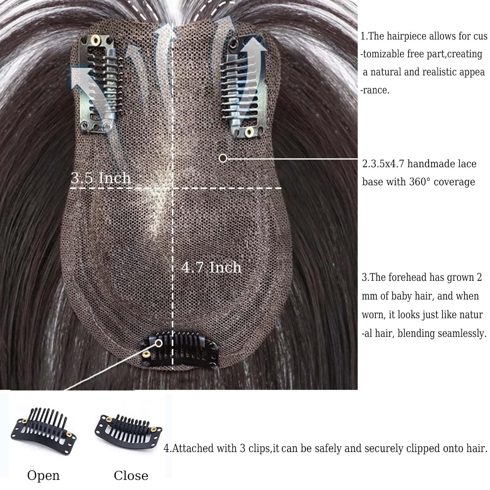 Topper Per Capelli Realistico Con Clip Per Capelli Diradati, Parrucca Riccia e Ondulata Soffice Da 18 Pollici Con Frangia a Tendina Per Donna, 3,5" x 4,7" Merletto a Mano Marrone Moka