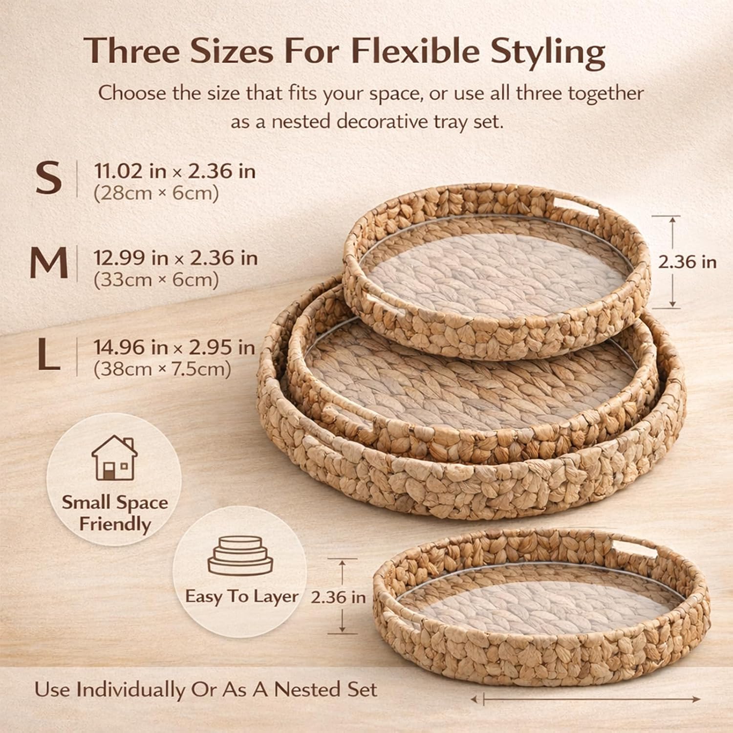 Round Woven Rattan Tray with Clear Acrylic Insert and Handles, Water Hyacinth Decorative Storage Tray for Coffee Table, Ottoman, Bathroom Counter, Kitchen (S+M+L 3 PCS)