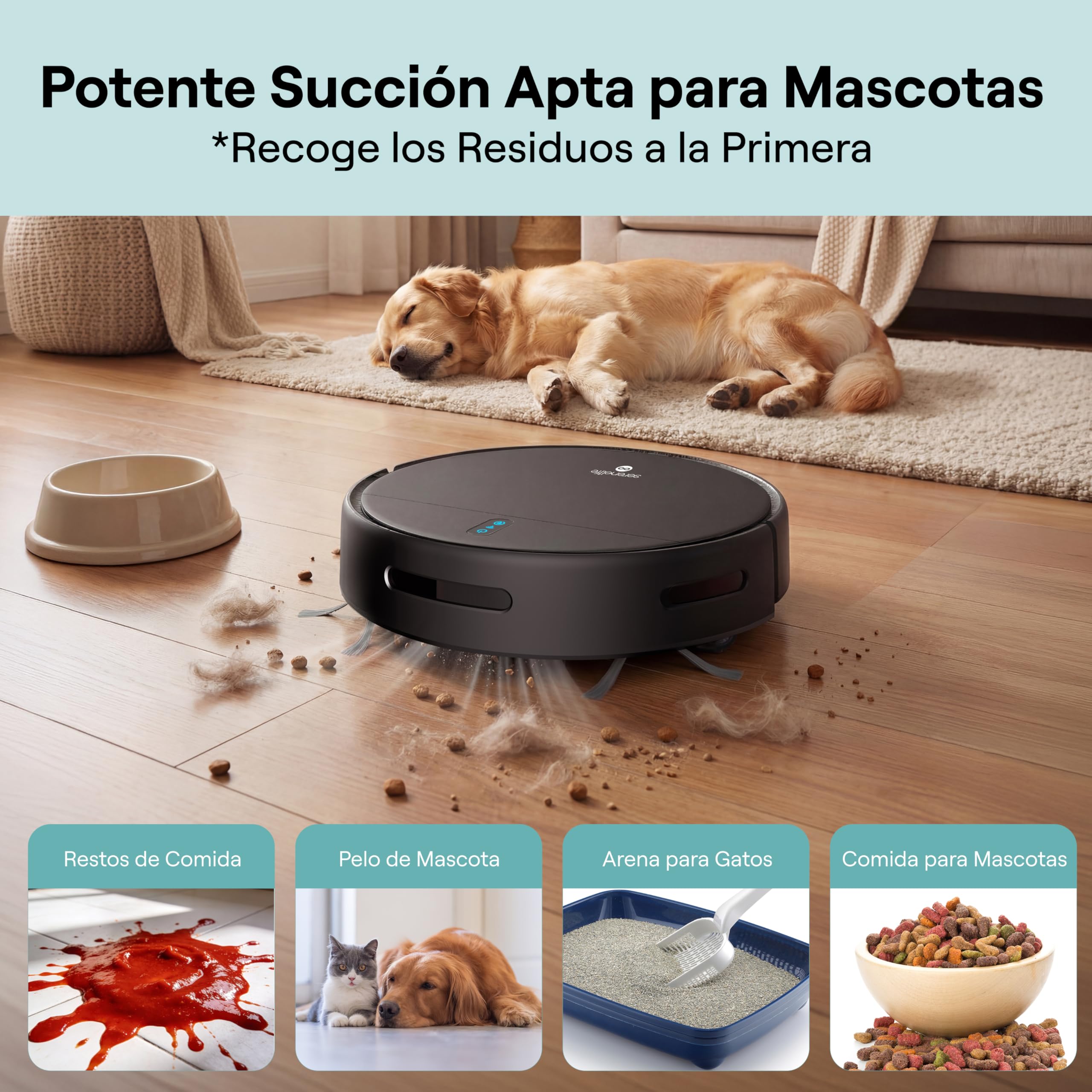 SereneLife Robot aspiradora y mopa Inteligente automática, Control por aplicación, 3 Modos de Limpieza, Autocargable, Succión de 700Pa, Ideal para Pelo de Mascotas, alfombras y Suelos Duros