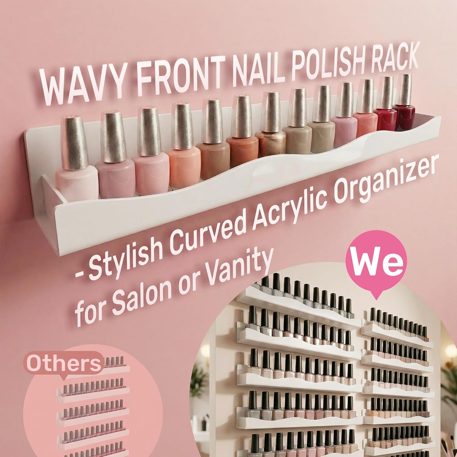 YMVV 15" Nail Polish Racks Wall Mounted Shelf,6 Pack White Acrylic Nail Polish Organizer Nail Supplies for Nail Techs,Great Display for Salons Retailers