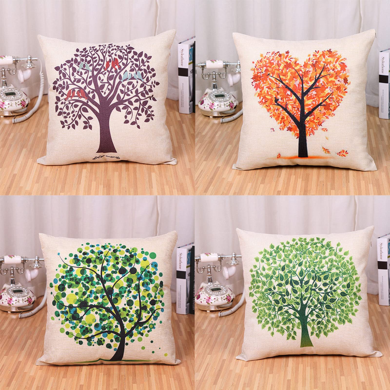 Taie d'oreiller 60x60cm lin lot de 4 housses de coussin décoratifs salon motif arbre