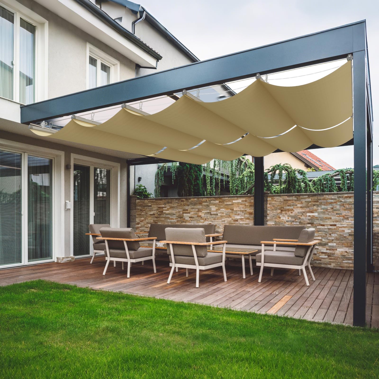 Photo 1 of OOTONAT 4'W X 12'L Retractable Sun Shade Canopy, Pergola Sliding Cover high-Density Polyethylene Fabric, Wave Shade sail for Patio Garden Backyard Deck Trellis, Beige