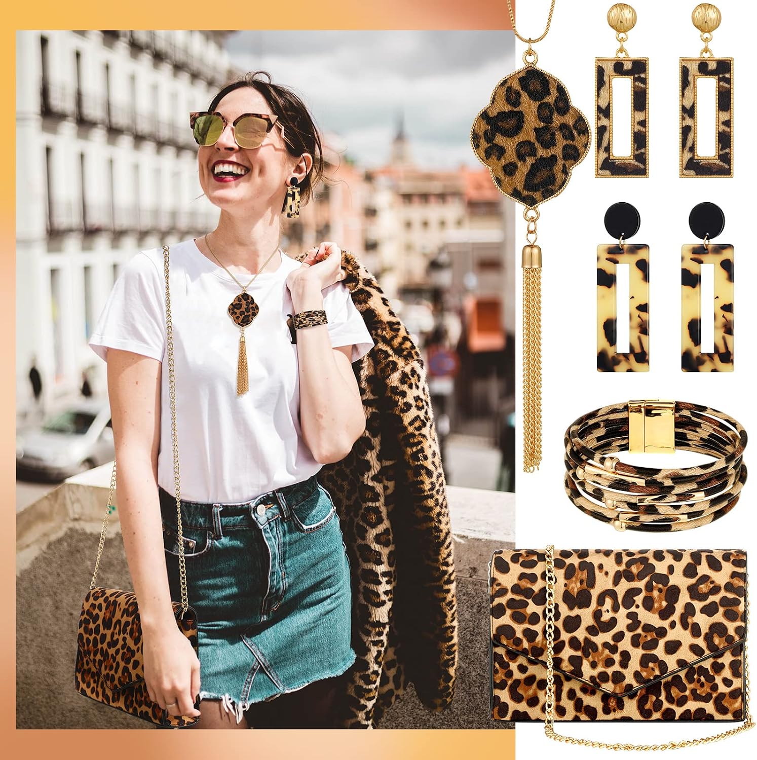 Sotiff 5 Pcs Leopard Accessories for Women Purse Jewelry Set Necklaces Clutch Earring Wrap Bracelets Long Tassel Pendant