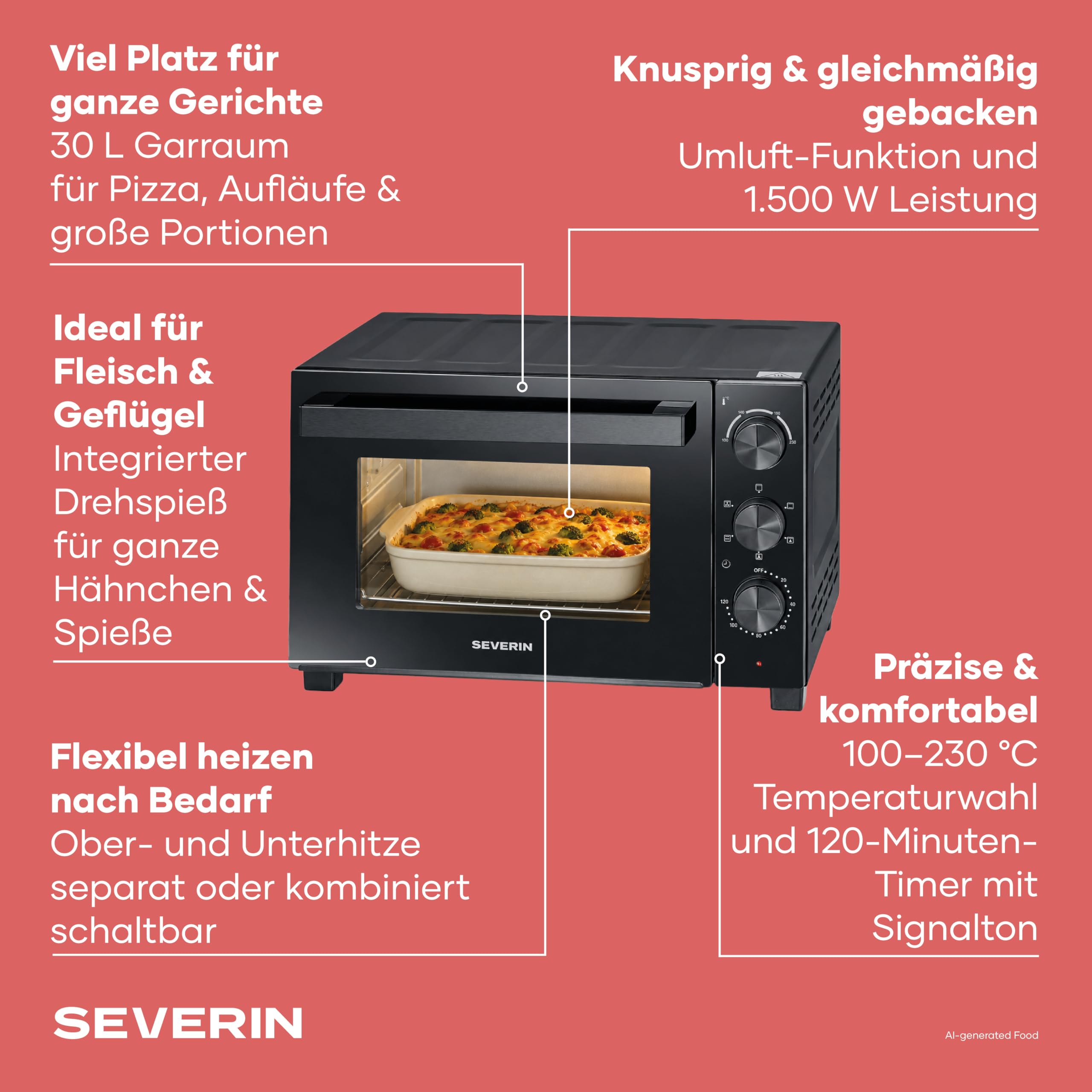 Severin Back- und Toastofen mit Umluftfunktion, inkl. Drehspieß für Fleisch, vielseitiger Heißluftofen mit 30 L Kapazität, Aufbackofen, 100-230 °C, Timer 120 Min., 1600 W, schwarz, TO 9020