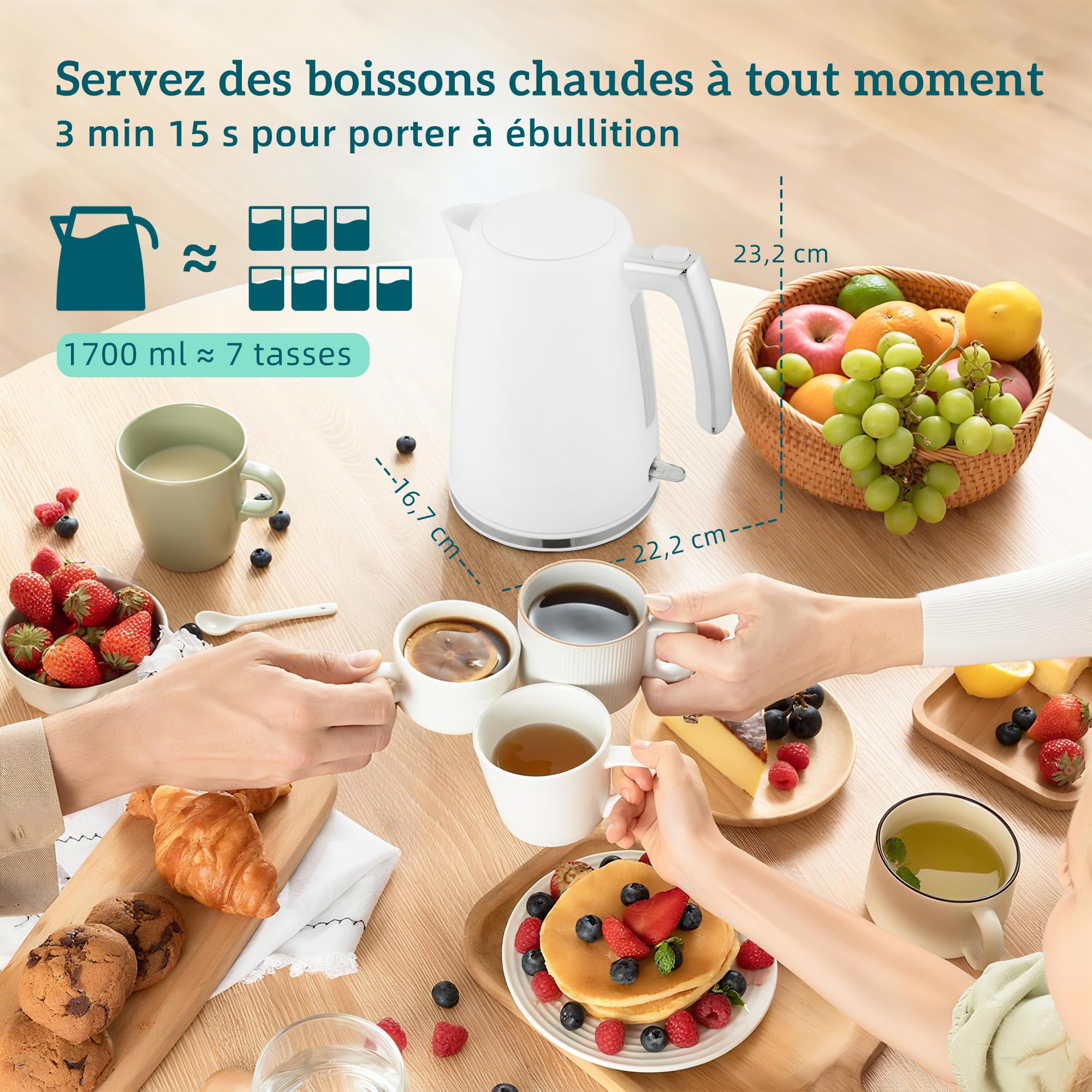 HOMCOM Bouilloire et Grille-Pain Acier 2200 W 1,7 L Thermostat Otter Filtre anticalcaire 2 tranches 7 Niveaux brunissage Blanc