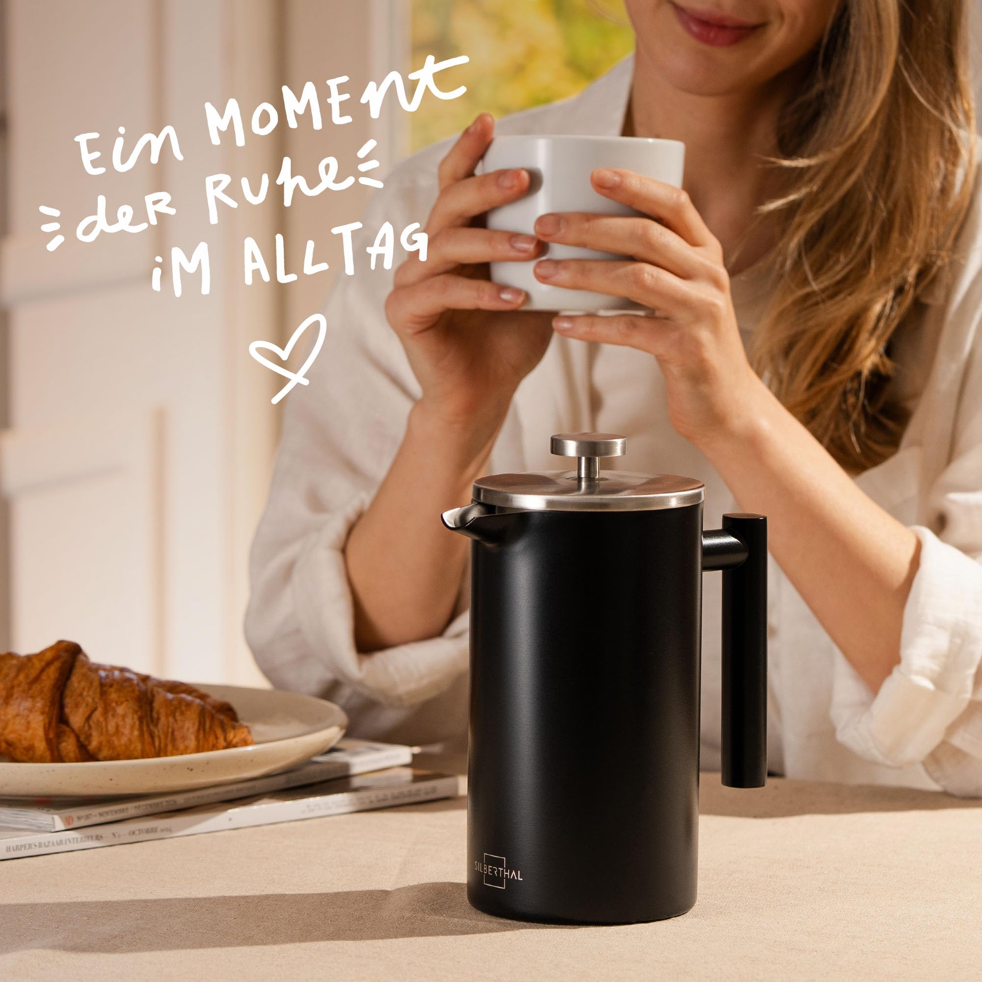 SILBERTHAL French Press Thermo 1 Liter - Kaffeebereiter Edelstahl - Doppelwandig isolierte Kaffeepresse für Outdoor - Kaffeekanne zum Verschenken