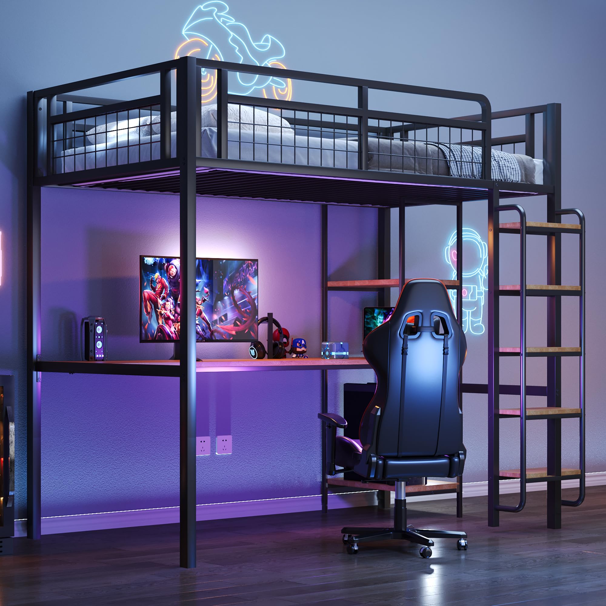 Kebnor Cama alta de metal, escalera de seguridad con peldaños, cama individual, cuna con mesa y estantes, valla de seguridad de malla metálica (sin colchón) (negro, 90 x 200 cm)