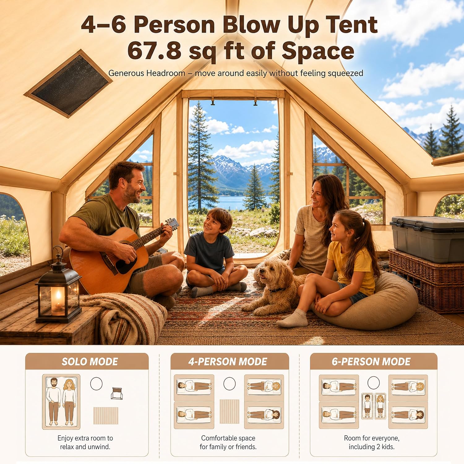 Inflatable Tent for Camping 4-6 Person-Blow Up Tent with Hand Pump-Air Tent with Stove Jack – Portable Hot Tent for Family Glamping, Outdoor Festival（Quick Setup-5 Min for 4 Season）