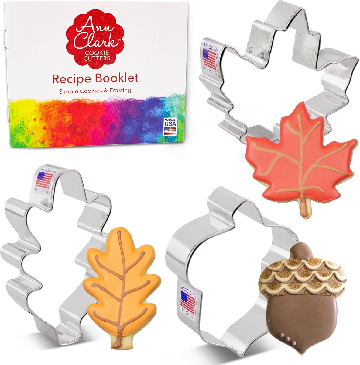 Ann Clark Juego de 3 cortadores de galletas con hojas de otoño y bellota, fabricados en EE. UU. | Incluye: bellota, hoja de arce, hoja de roble grande, tamaño perfecto, el cortador de galletas más grande de Estados Unidos, acero americano apto para alimentos.