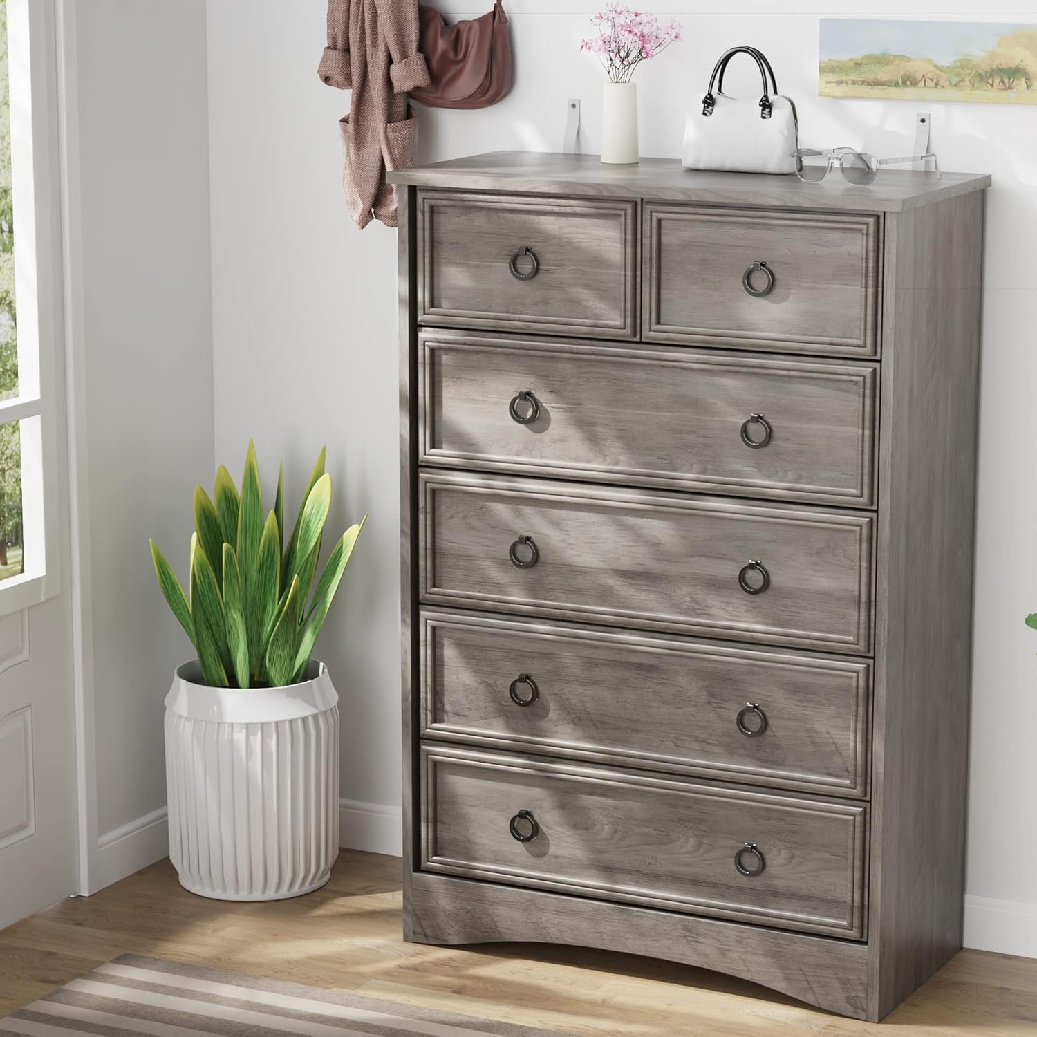 LGHM Modern Dressers for Bedroom with 6 Drawers, 6 Drawer Dresser, 44.33" Tall Chest of Drawers Closet Organizers & Storage Clothes - Easy Pull Handle, Textured Borders for Living Room, Hallway, Gray - Image 2