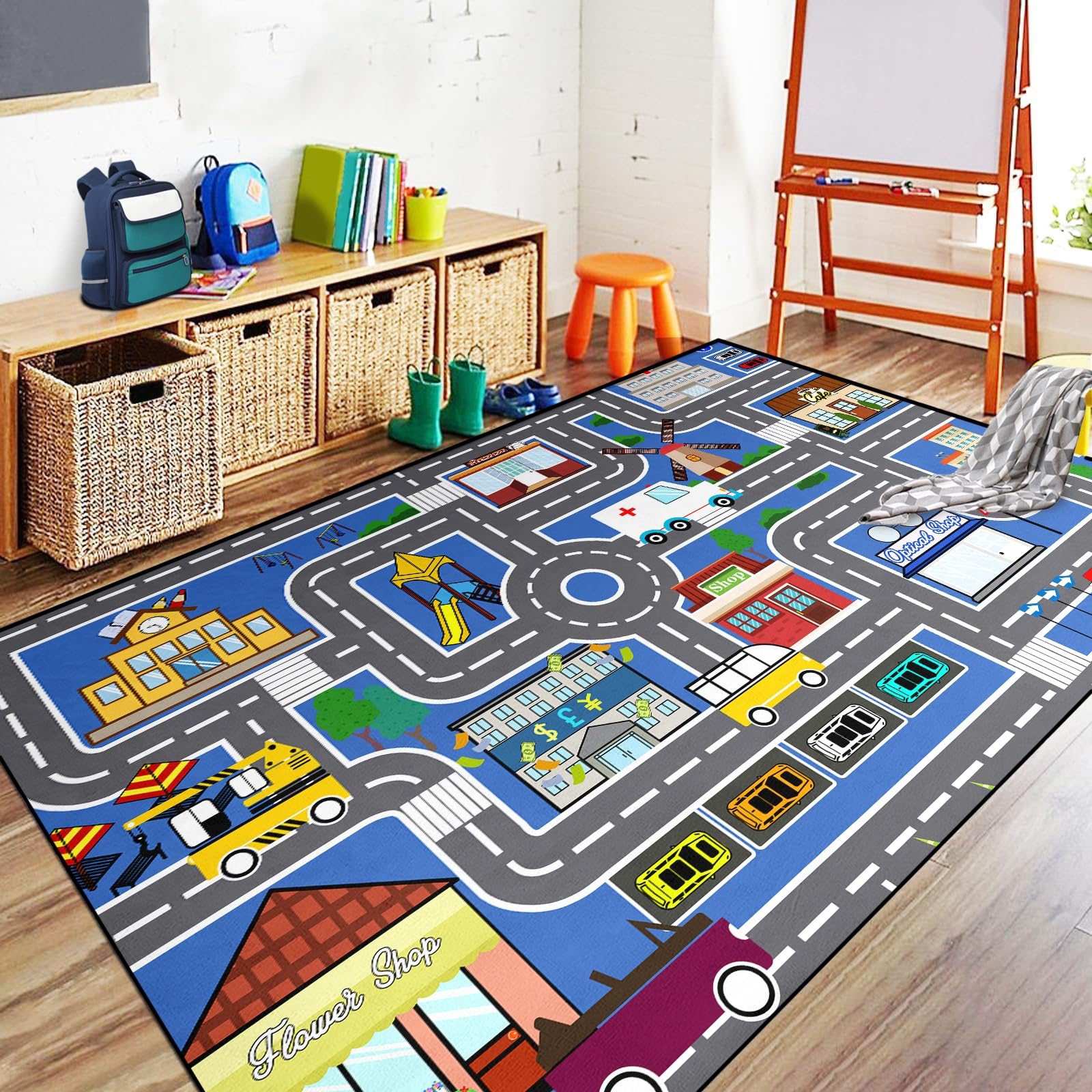 Car Track Rug Blue Road Carpet for Kids, Car Traffic Road Play Mat for Kids Room Bedroom Decor City Rug, 4'5''×6'