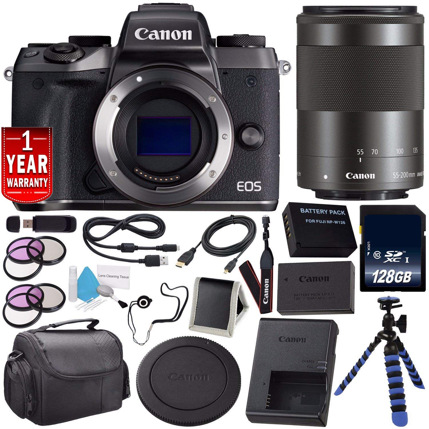 Canon EOS M5 Mirrorless Digital Camera with 15-45mm Lens 1279C011AA (International Model) + Canon EF-M 55-200MM f/4.5-6.3 Lens + LP-E17 Replacement Lithium Ion Battery Bundle