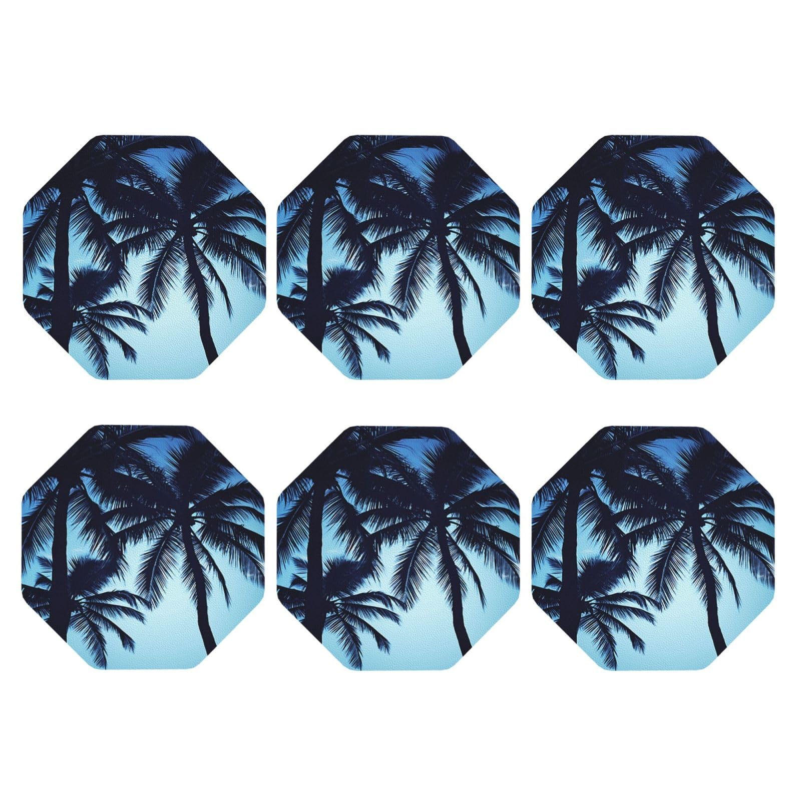 6pcs Leather Coasters for Drinks, Palm Tree Blue Drink Coasters for Tabletop Protection, 4" Cup Coasters for Coffee Table Decor, Non-Slip Drinking Cup Mat for Hot Or Cold Drink