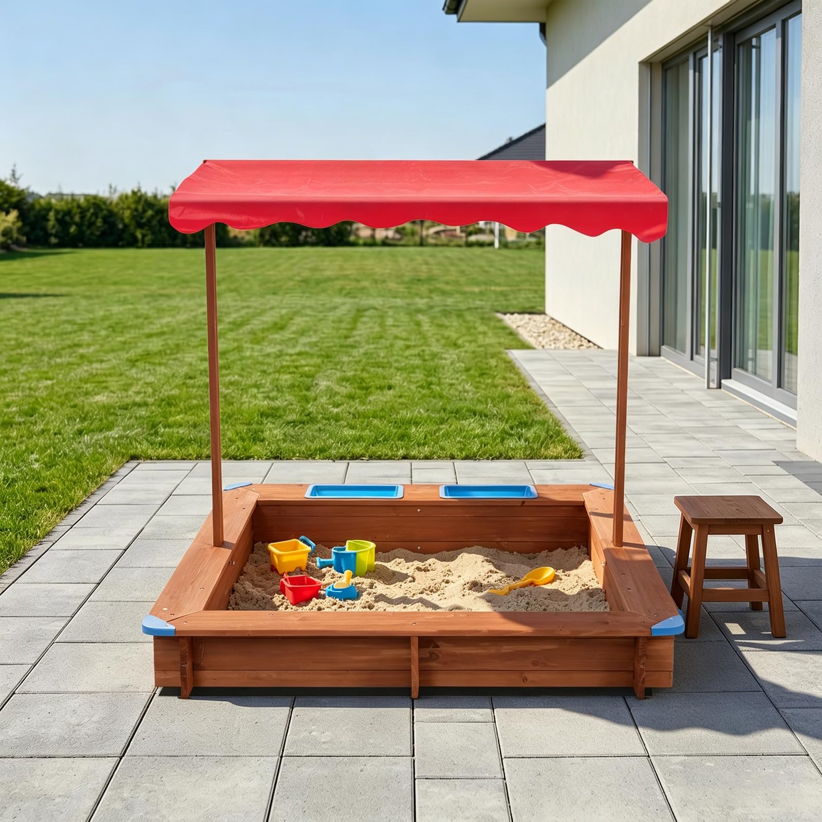 Sandkasten aus Massivholz,Tragfähigkeit Etwa 100kg,3-14 Jahre alt,Rot | Holzsandkasten Mit Abdeckung,126*121*118cm,für Hinterhöfe, Gärten, Terrassen, Strände oder Spielplätze im Freien
