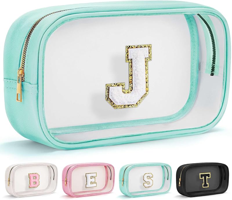 Necessaire transparente YOOLIFE com inicial, modelo J, azul, com zíper, Pacote com 2