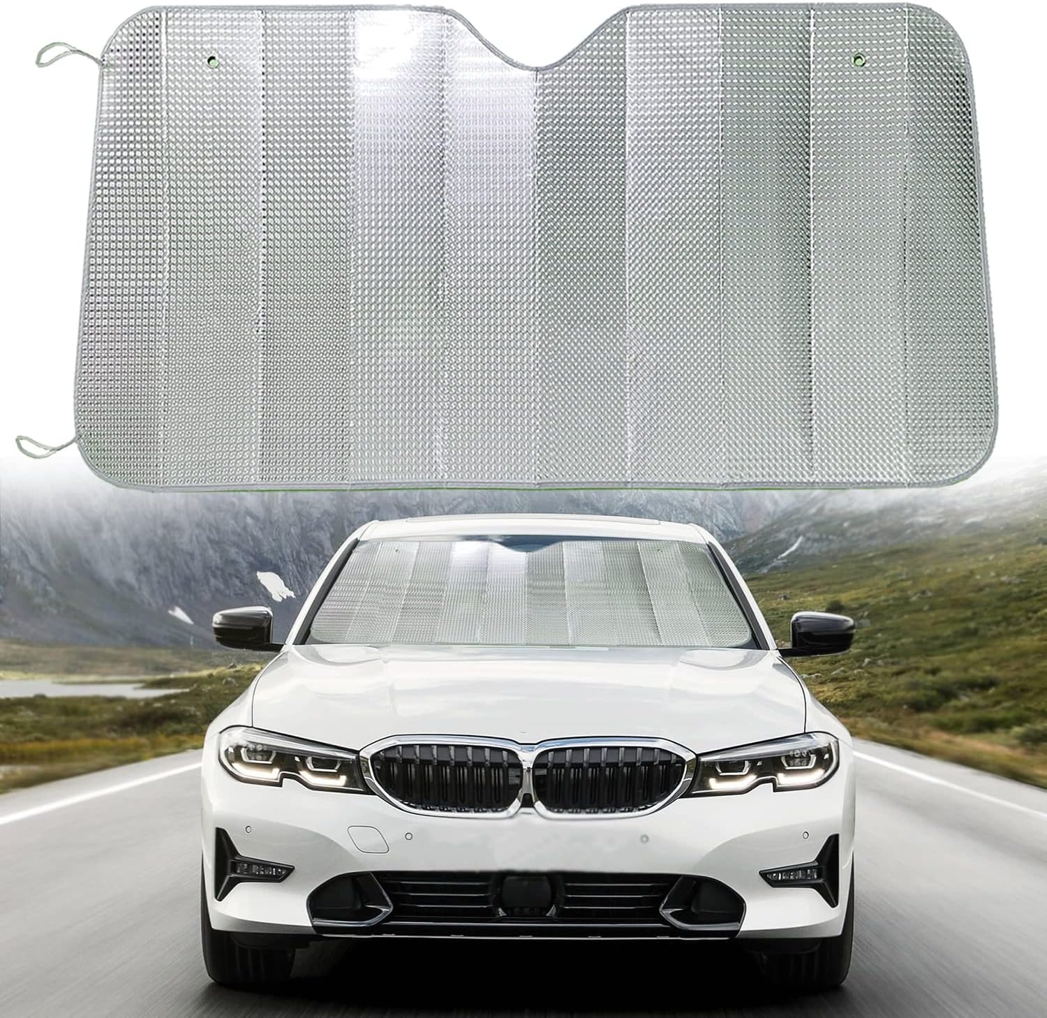 Muamos Car Windshield Sunshade, Accordion Foldable Front Windshield Sun Shade 5-Layer UV Protection Auto Sun Visor Cover Iridescent Bling Dot Pattern Heat Reflector (57 x 27.5 Inch)