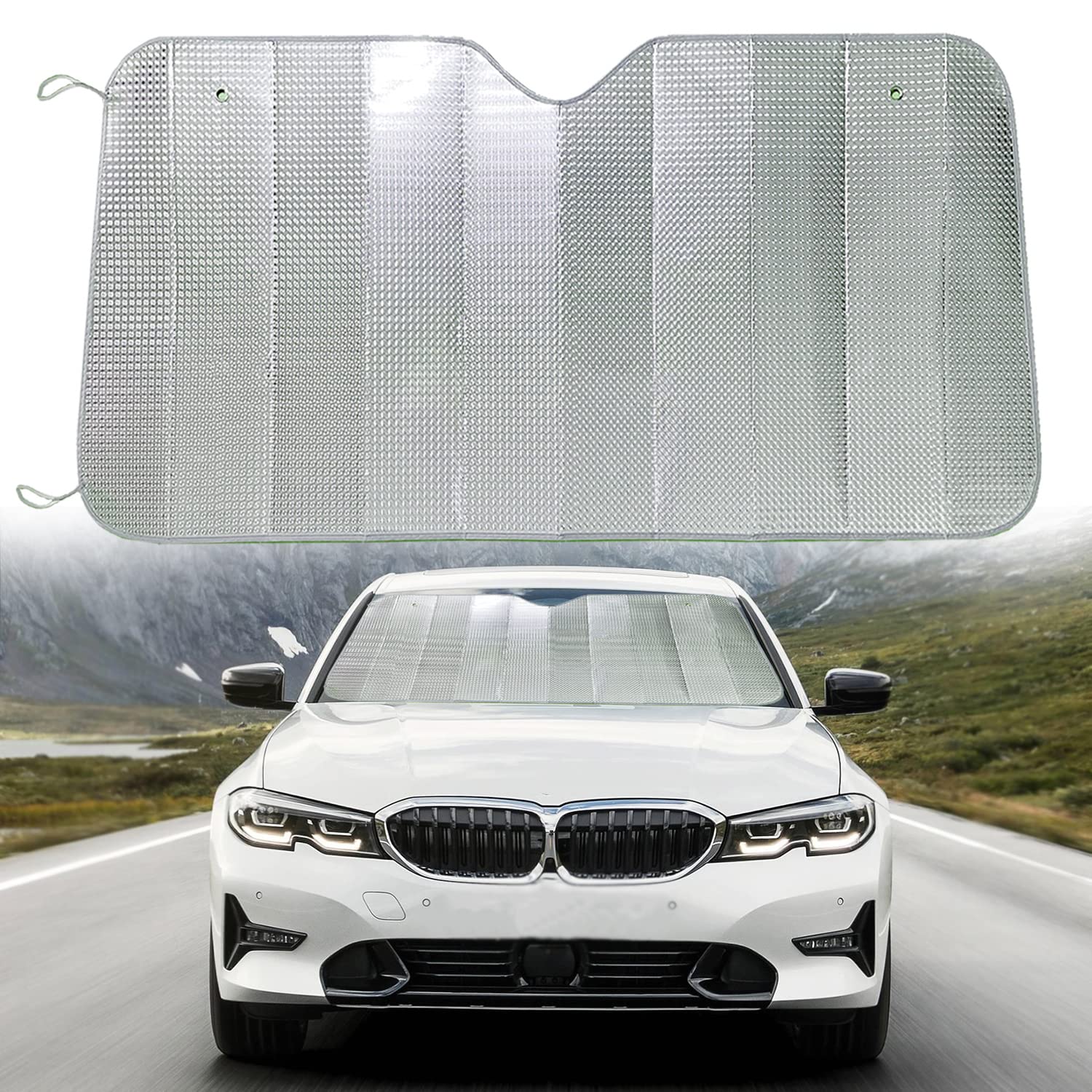 Muamos Car Windshield Sunshade, Accordion Foldable Front Windshield Sun Shade 5-Layer UV Protection Auto Sun Visor Cover Iridescent Bling Dot Pattern Heat Reflector (57 x 27.5 Inch)