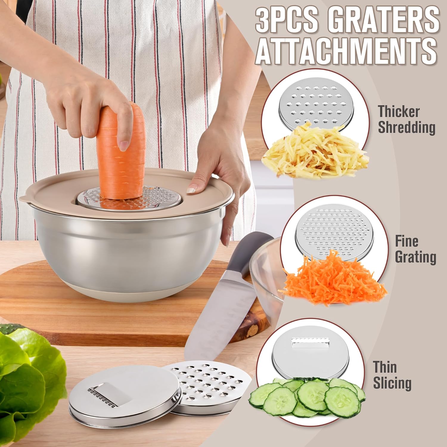 30PCS Mixing Bowls with Lids Set, 7QT to 1QT Stainless Steel Nesting Bowls with Graters, Non-Slip Silicone Bottom, Large Khaki Bowls & 21 Measuring Cups and Spoons Set Kitchen Appliances - Image 4