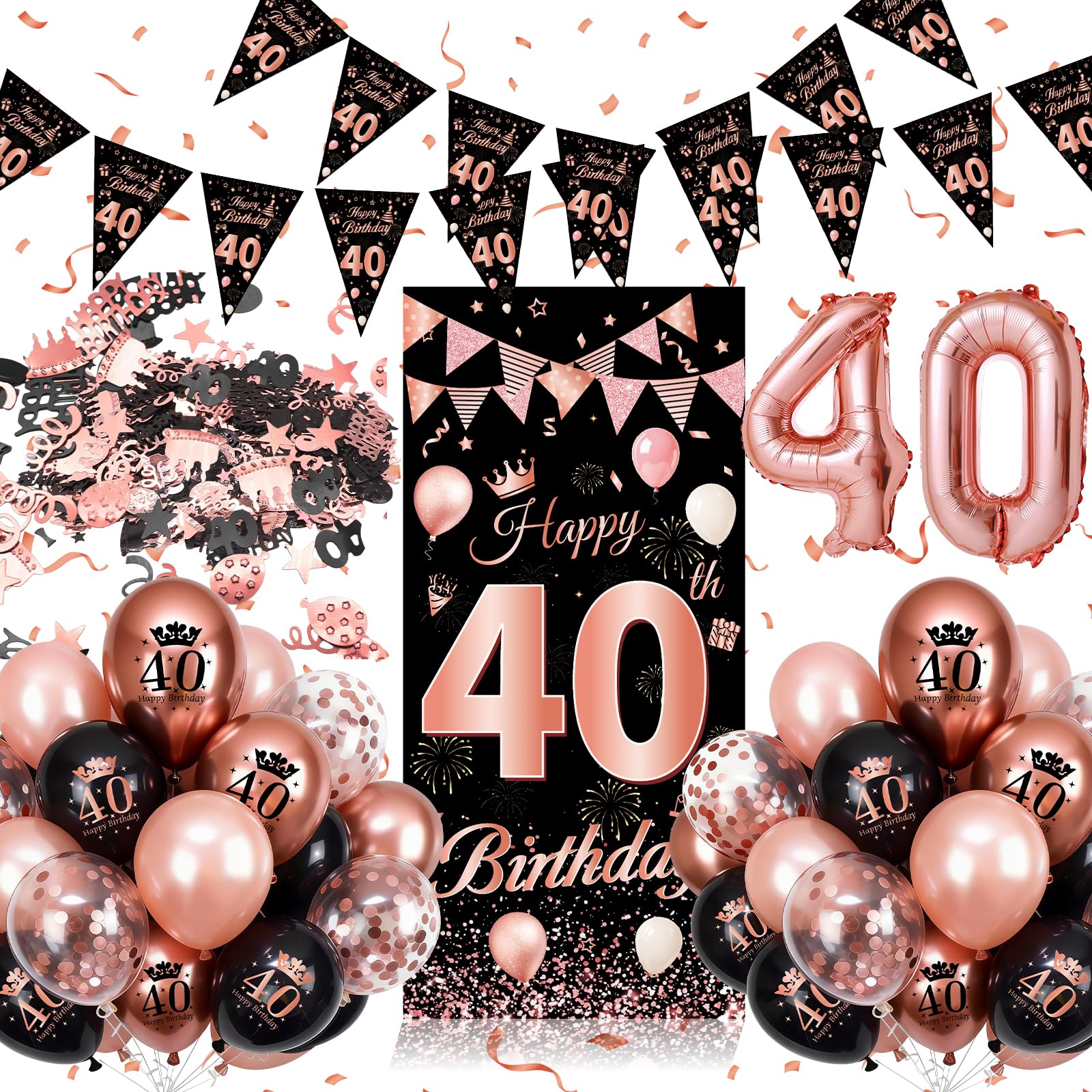 Geburtstag Deko Mädchen Schwarz & Rosegold, Set mit Langem Banner, Happy Birthday Dekorationen Banner, Konfetti, Luftballons – Geburtstagsdeko für Geburtstagsparty