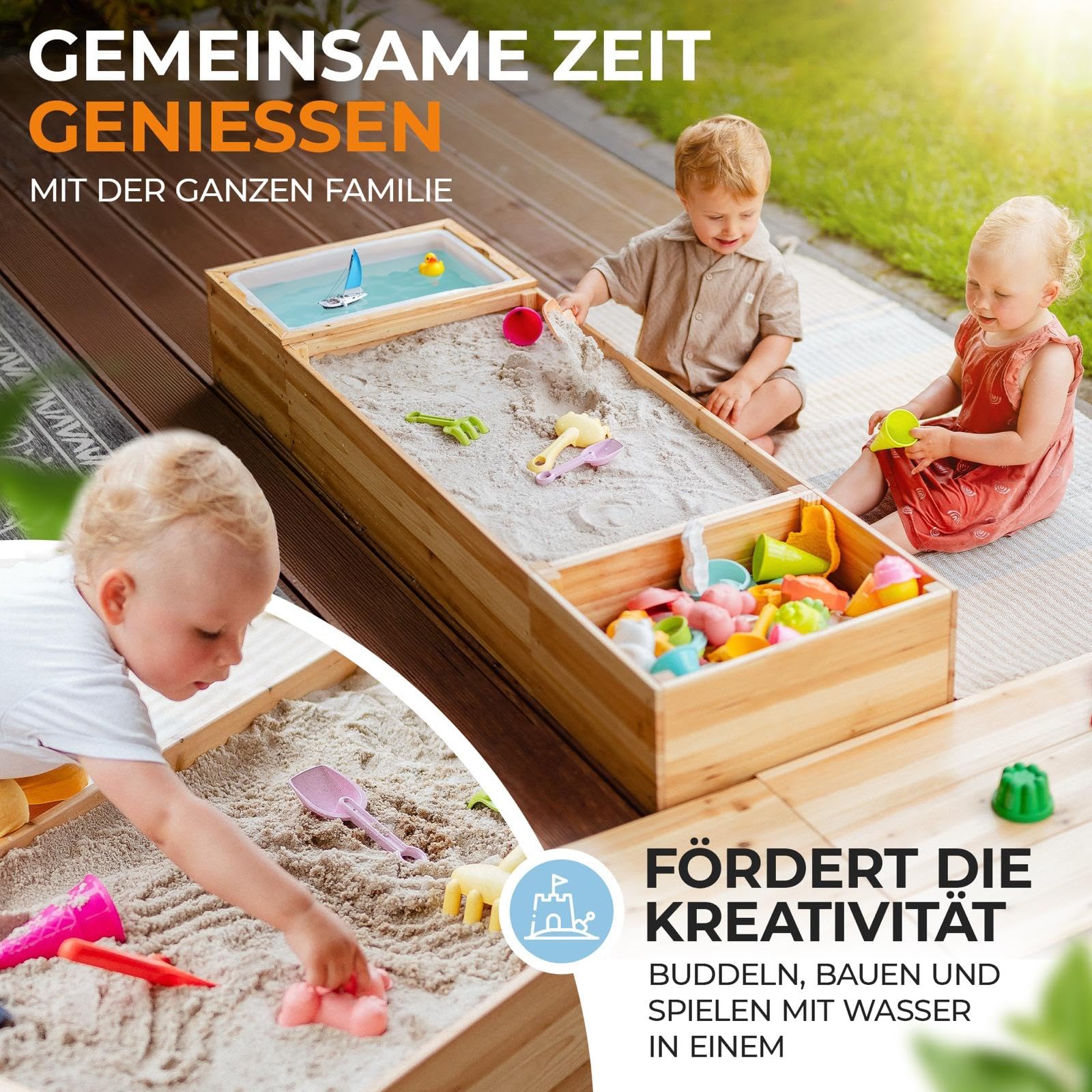 Sandkasten mit Abdeckung 150x45cm – 4 in 1 Sandbox mit Deckel aus lasiertem Massivholz für Balkon, Terrasse & Garten – Matschküche, Sandfach, Staufach, Sitzbank & Vlies, ab 1 Jahr