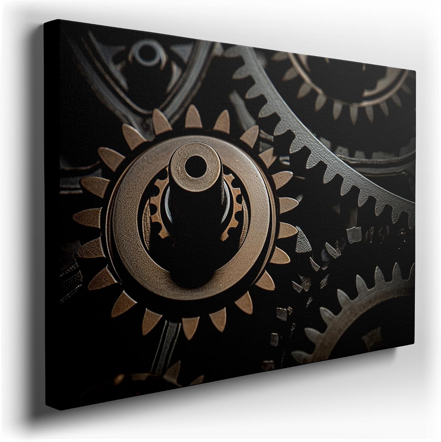 Canvas for Living room. Intricate Symphony of Interlocked Metal Gears - A Close-Up Study, 27 x 18 inch Canvas Wall Art - Nature Home Decor