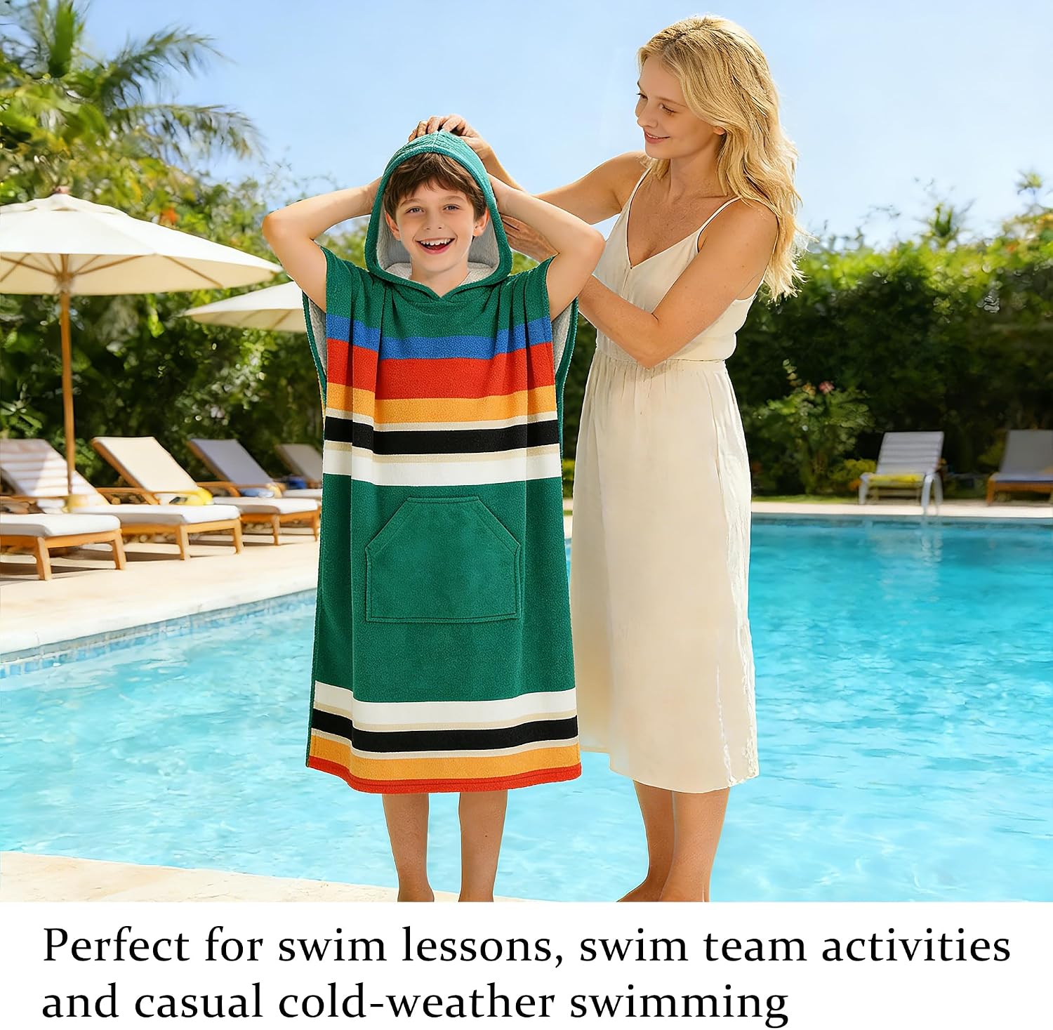 Catalonia Kids Hooded Poncho Towel for Surf Swim, Absorbent Beach Wearable Towel for Teenagers, Sand Proof Swim Changing Robe