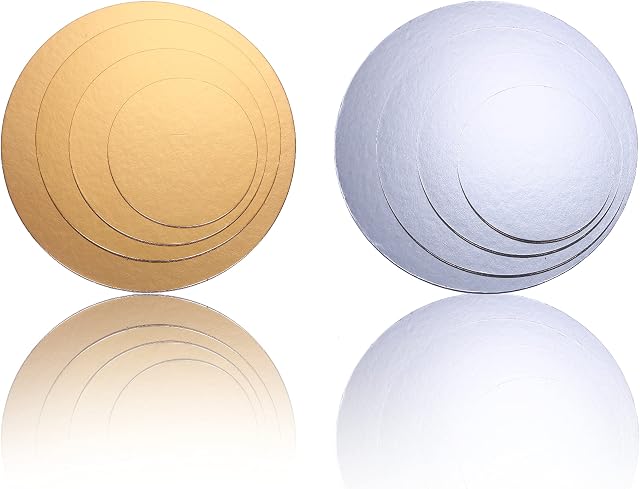 Miss Bakery's House® Cake Board - Deska do ciasta - 2 mm - Ø 15 + 20 + 25 + 30 cm - srebrna i złota - 4 sztuk - blacha do ciasta - talerz - okrągła - dwustronna - zestaw