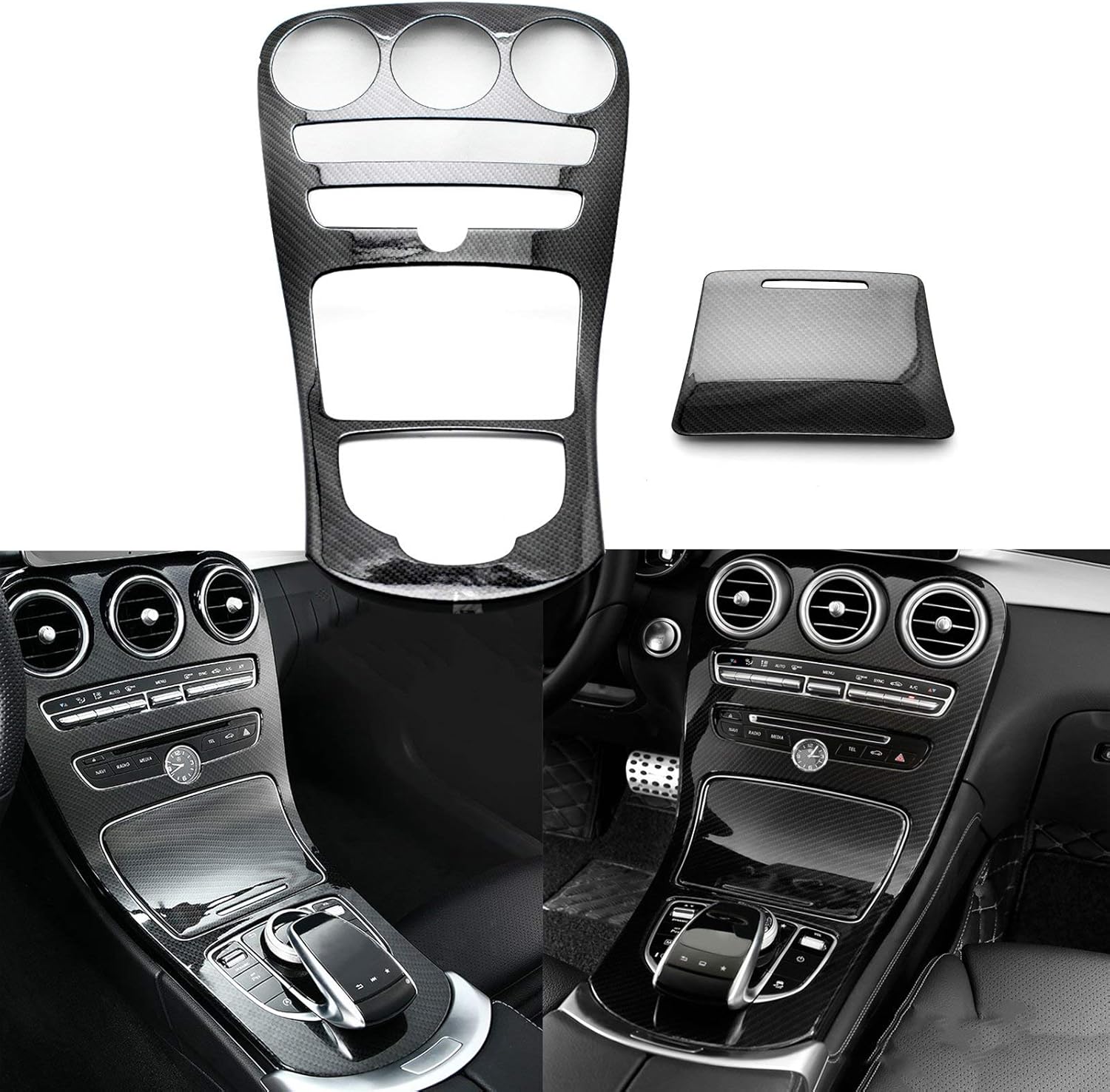 x xotic tech Center Console Gear Shift Panel Frame Cover Trim, Carbon Fiber Pattern, Compatible with Mercedes Benz C Class W205 2014-2018, GLC Class W253 2015-2018 (with Clock)