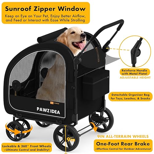 Miniatura 6 de PAWZIDEA Cochecito grande para perros con transportador desmontable, jaula portátil para perros de viaje en automóvil, múltiples cochecitos para