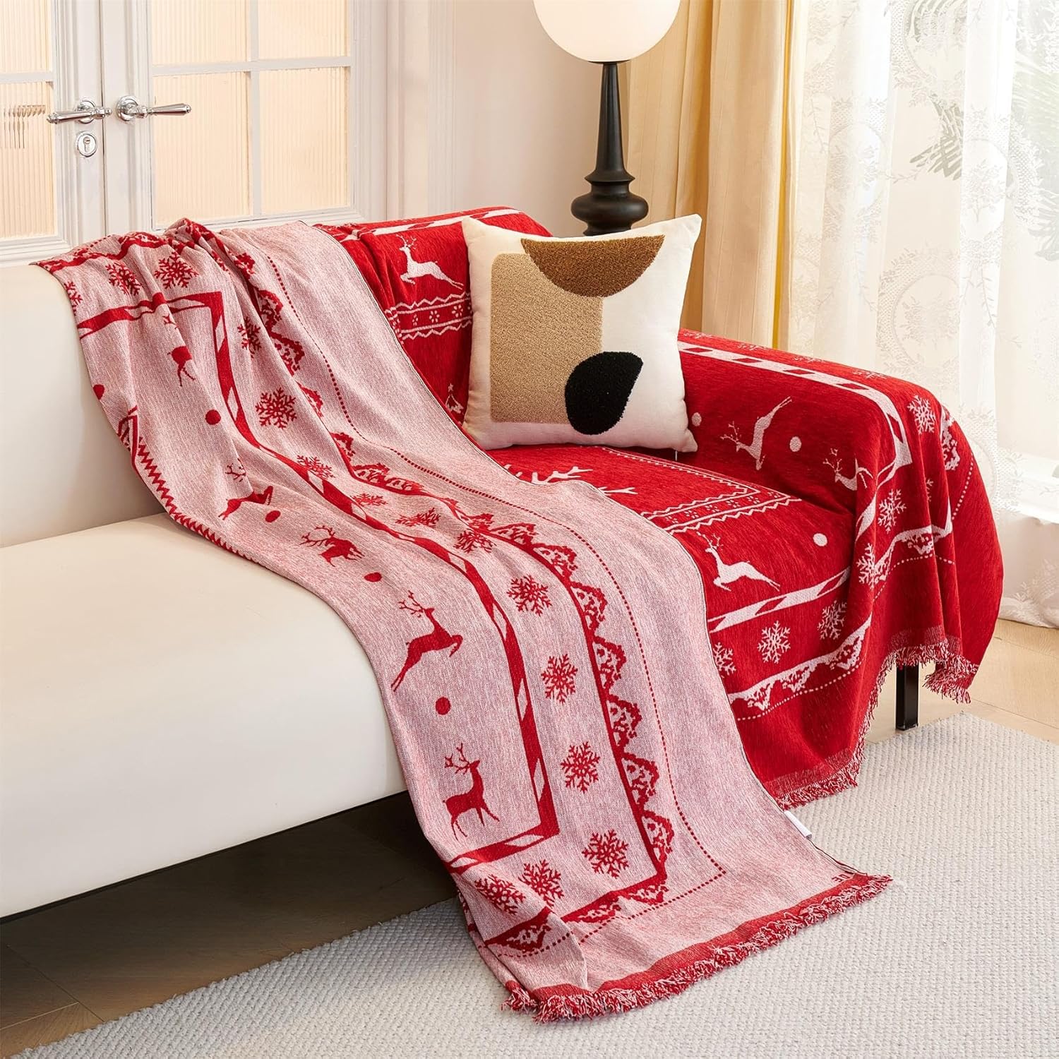 Cmfshape Christmas Sofa Couch Slipcover,Snowflake Tree Sofa Covers for 3 Cushion Couch,Red Sofa Towel for Living Room Sectional,Furniture Protector for Pets Kids(71"x102" Red)