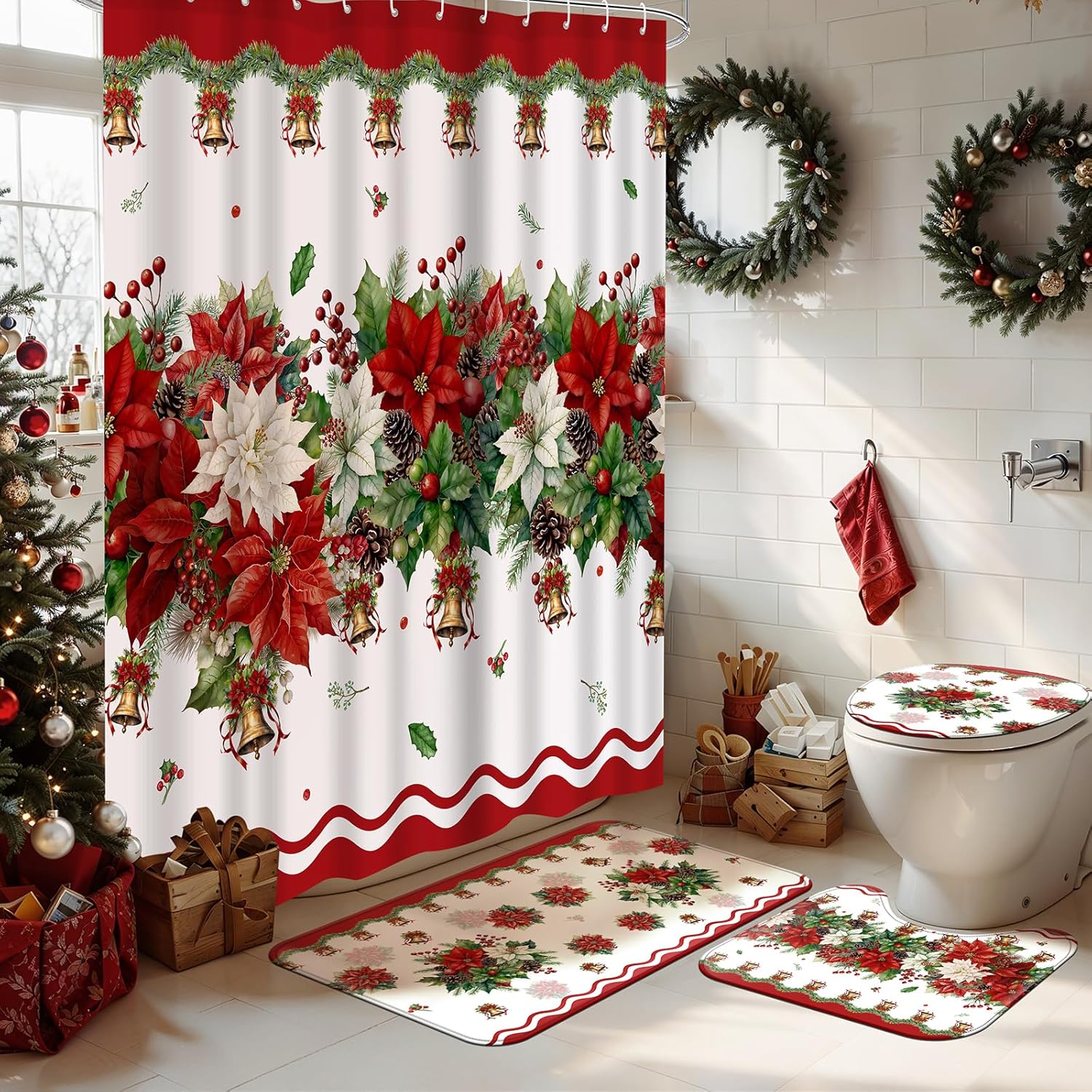 Merry Christmas 4 Pcs Shower Curtain Bathroom Sets Red Holiday Xmas Winter Waterproof Bath Decor Decorations Accessories with Rugs, Toilet Lid Cover, Bath Mat and 12 Hooks 72x72 Inch