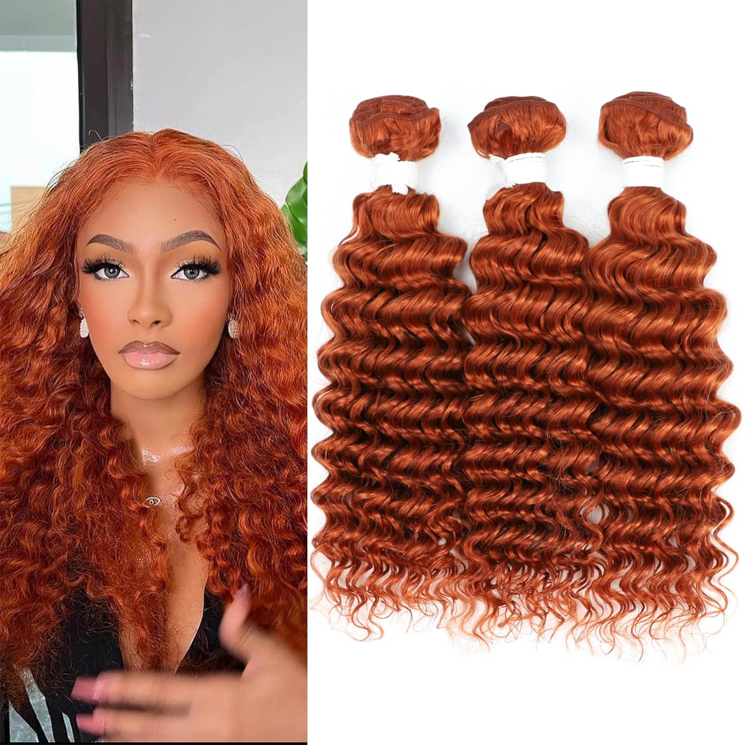 Deep Wave Human Hair Ginger Orange Color Brazilian Virgin Bundles 12 14 16 Inch 3 Bundles #350 Burnt Orange Curly Weave Hair Extension