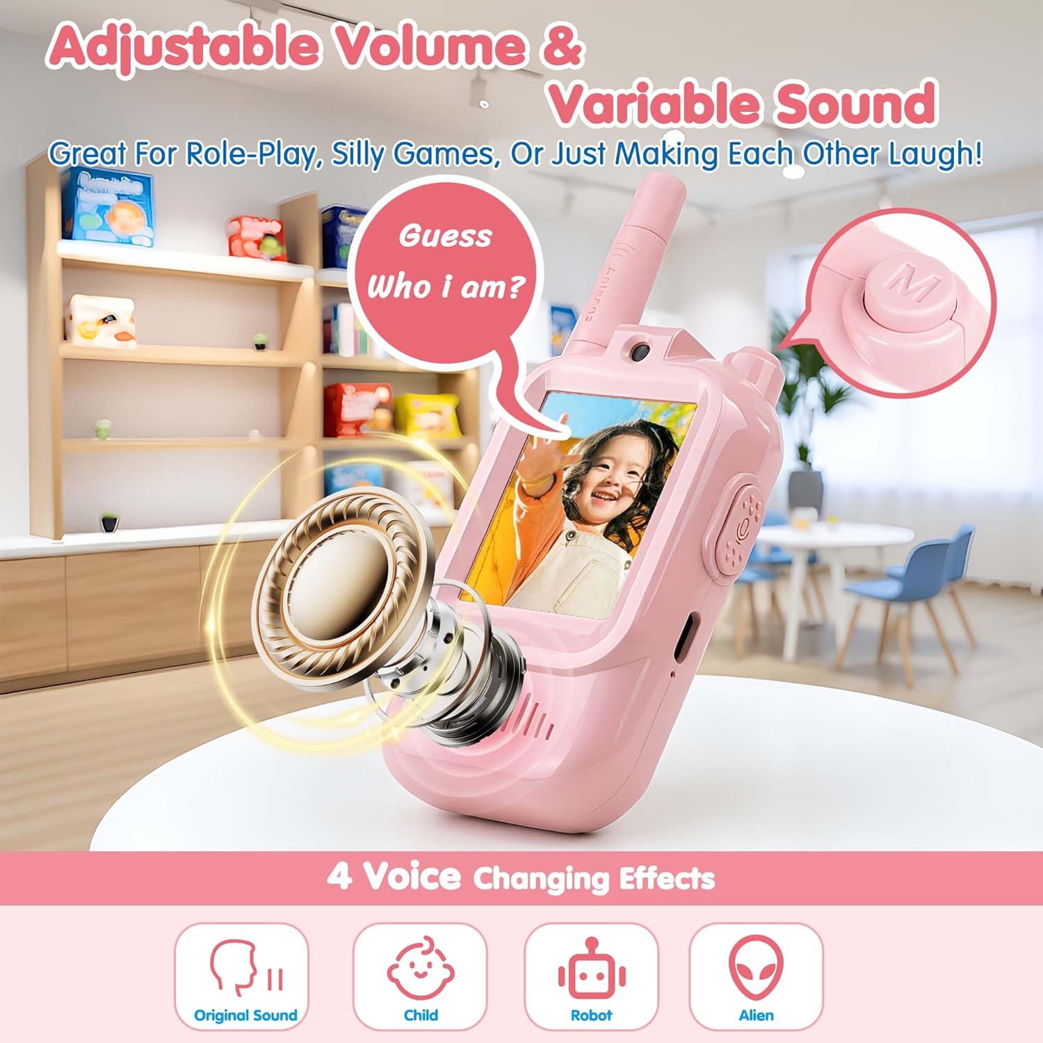 Video Walkie Talkies for Kids, 2 Pack, 400meter Long Range，Voice Changer ，Rechargeable，for Outdoor Backyard Camping Games,Christmas Birthday Gifts for Boys & Girls Ages 3-12 (Pink+Bule)