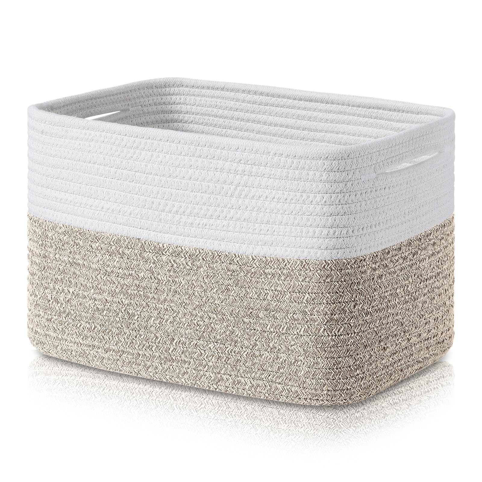 Homsorout Cotton Rope Storage Baskets - Bathroom Woven Shelf Basket with Handles Blanket Organiser for Living Room Decorative Bins for Laundry, Towel (Brown White 1 Pack)Global Recycled StandardGlobal Recycled StandardGlobal Recycled Standard