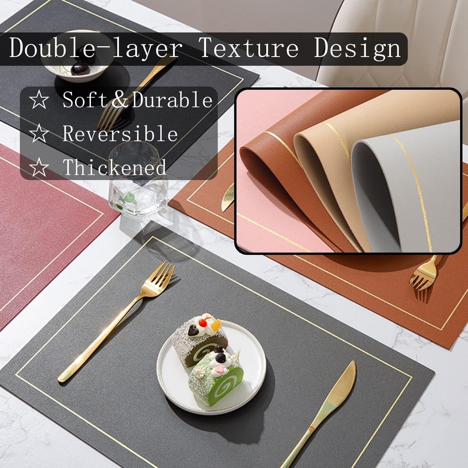 Lot de 4 sets de table rectangulaires en cuir synthétique résistant à la chaleur, lavables et antidérapants avec bordure dorée pour maison, restaurant, hôtel (noir)