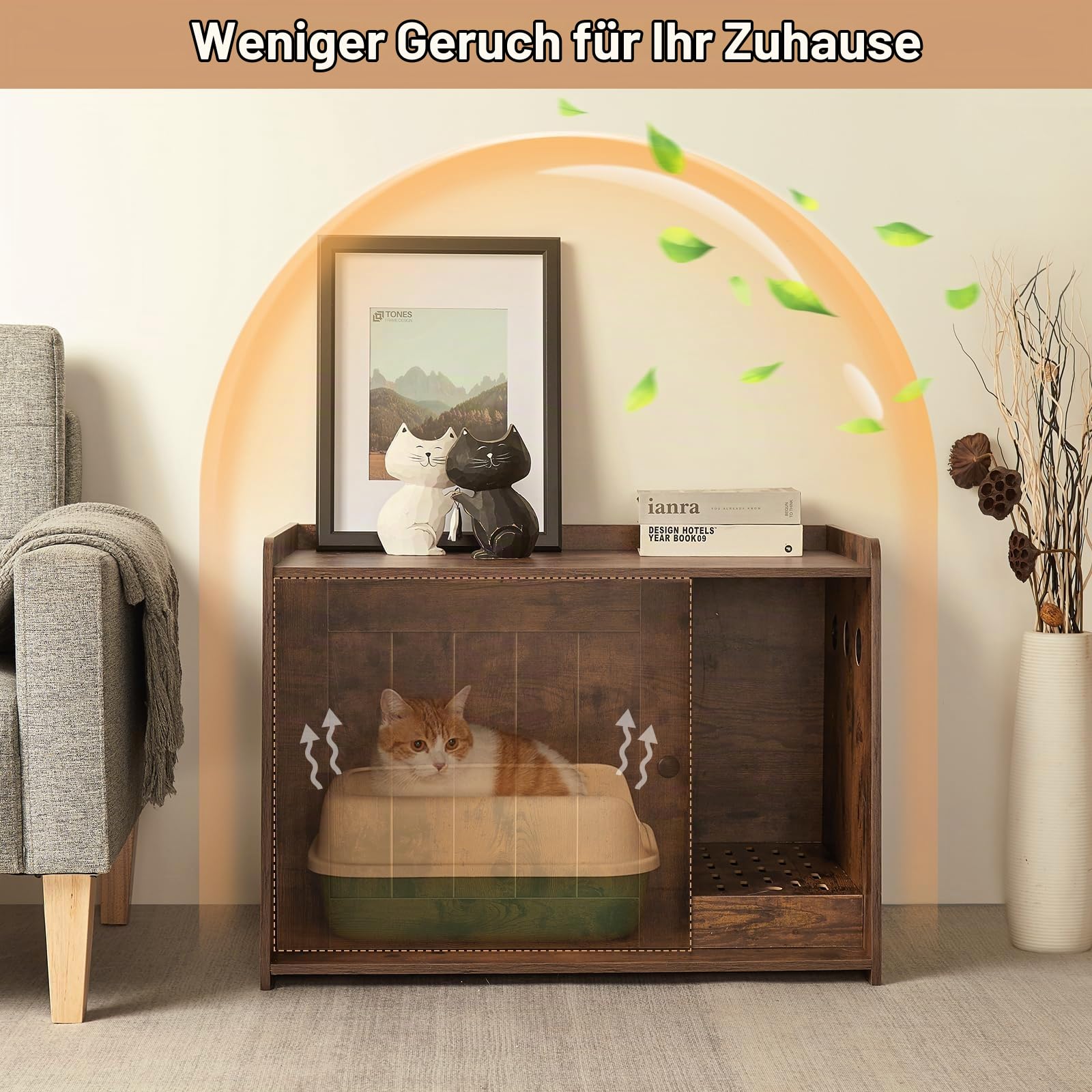 Mondeer Katzenschrank Katzenklo, mit Tür, Stauraum, Industrial Style,Braun | Versteckte Katzentoilette, zugleich Katzenhaus. Für Wohnzimmer, Schlafzimmer, Flur. Stilvoll, geruchsarm.