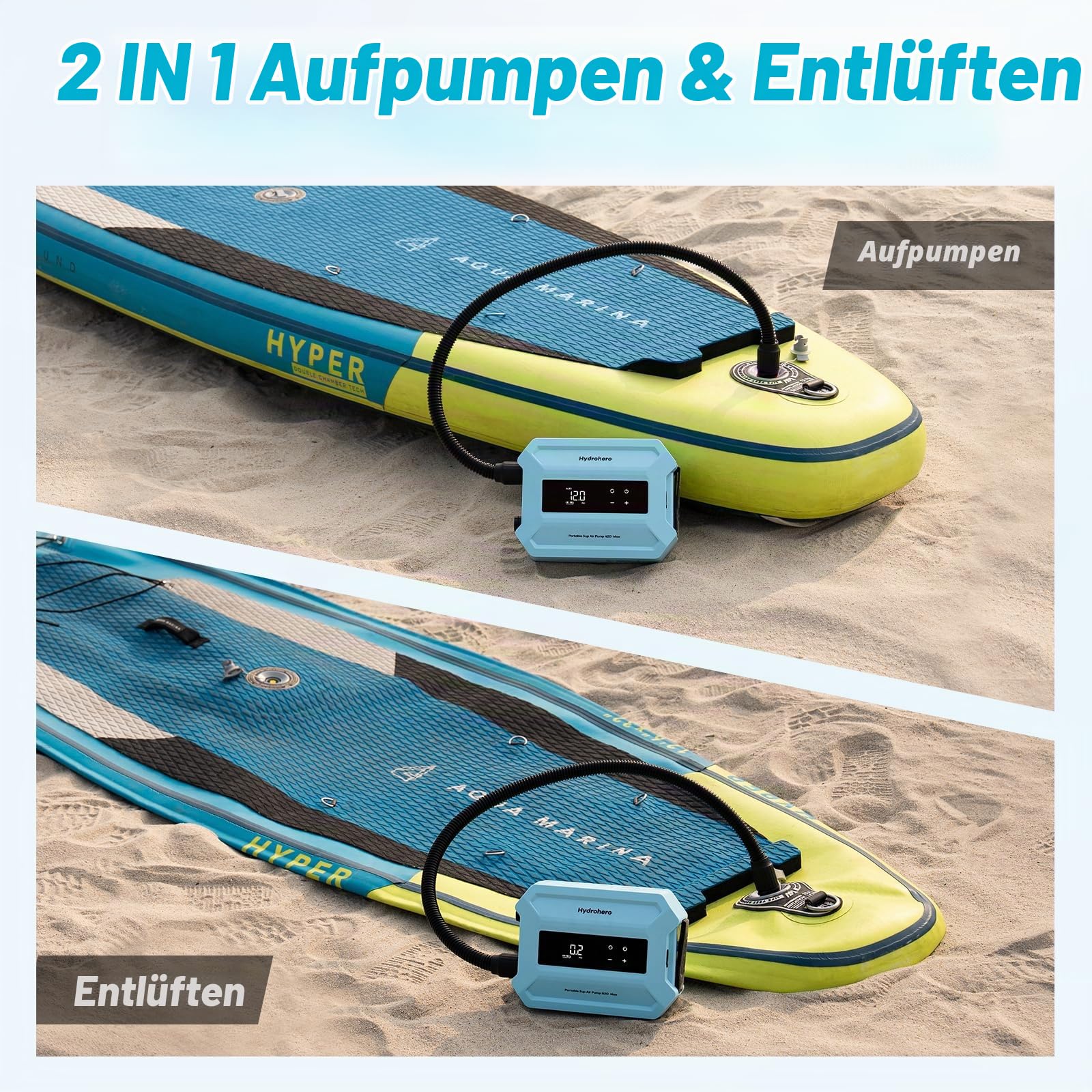 Hydrohero Elektrische SUP Pumpe, 20 PSI SUP Pumpe, 96,2Wh Akku | 4 Min. bis 12 PSI, 1,6 kg Leichtgewicht, 96,2Wh Akku, 2-stufig Aufpumpen & Entleeren, 7 Düsen, Aufbewahrungstasche, für SUPs