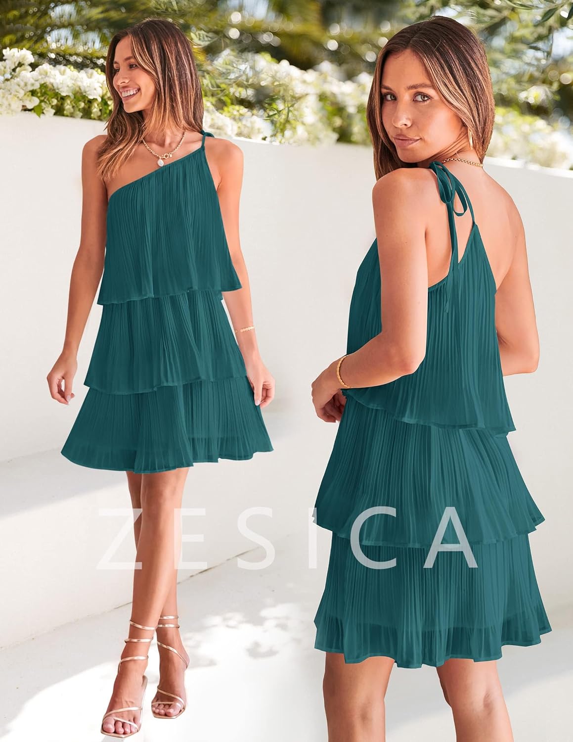 ZESICA Women's Boho Summer One Shoulder Sleeveless Ruffle Tiered Layered Chiffon Pleated A Line Flowy Mini Dress - Image 6