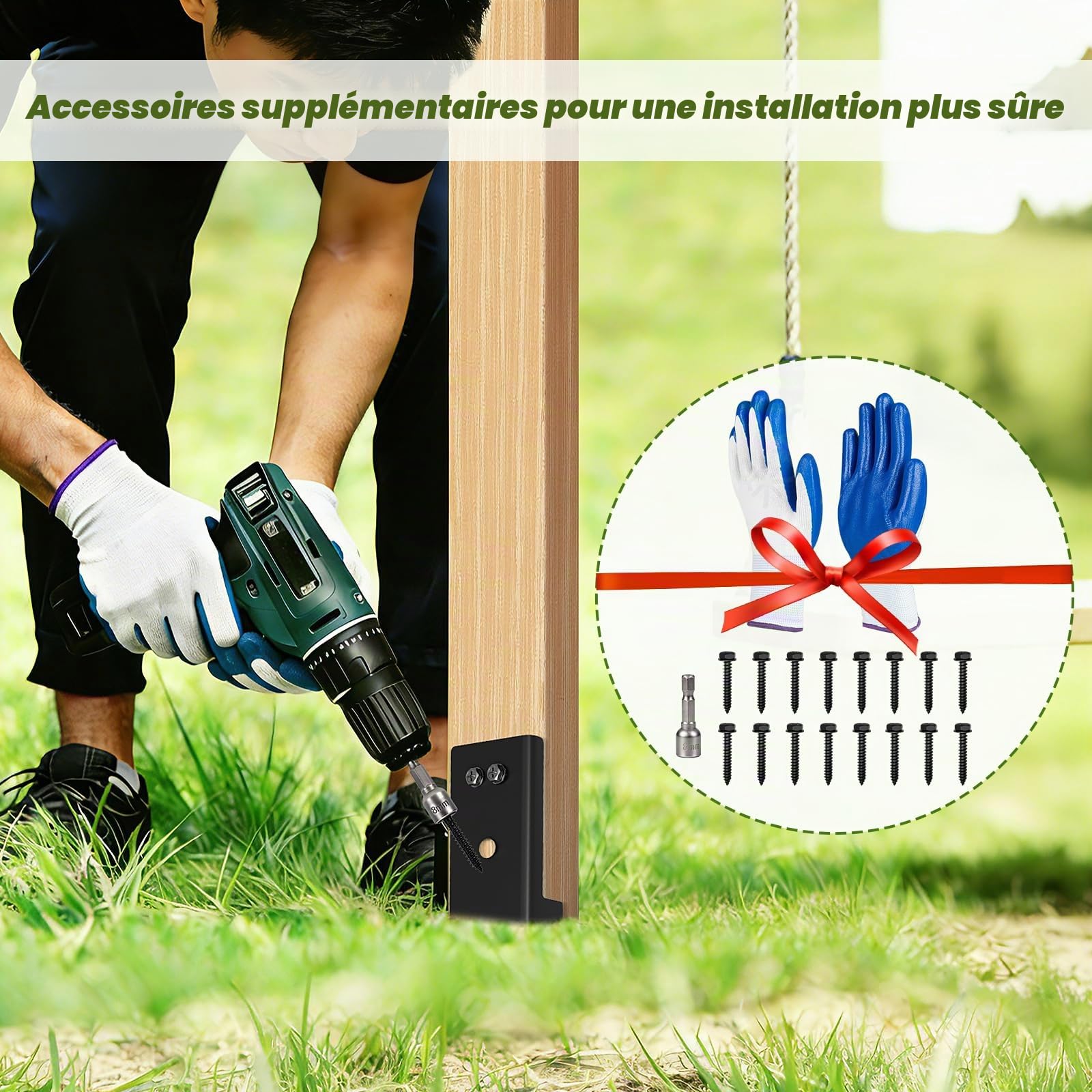 4 Pack Ancrage Balancoire, Heavy Duty Galvanisé Ancrage Au Sol avec Gants, Accessoire Balancoire Extérieur pour Réparation de Clôture en Bois, Trampoline, Balançoire