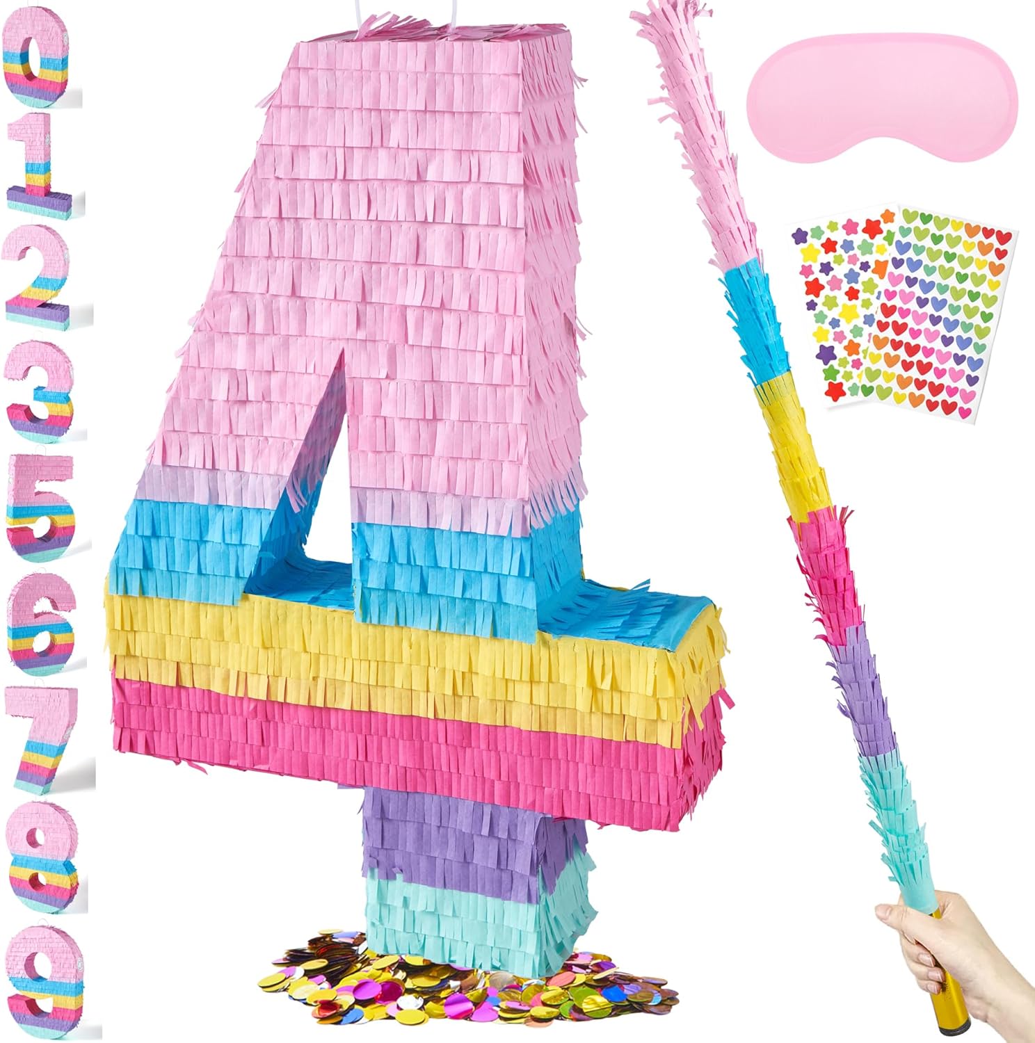 PCFING 20 Inch Number 4 Piñata Candy Color with 30 Inch Piñata Stick Blindfold Confetti for Boys Girls Adults Birthday Party Decorations, Anniversary Celebration, Fiesta