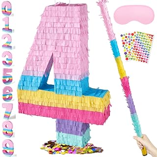 PCFING 20 Inch Number 4 Piñata Rainbow Candy Color with 30 Inch Piñata Stick Blindfold Confetti for Boy Girl Kids Birthday Party Decorations, Anniversary Celebration, Fiesta
