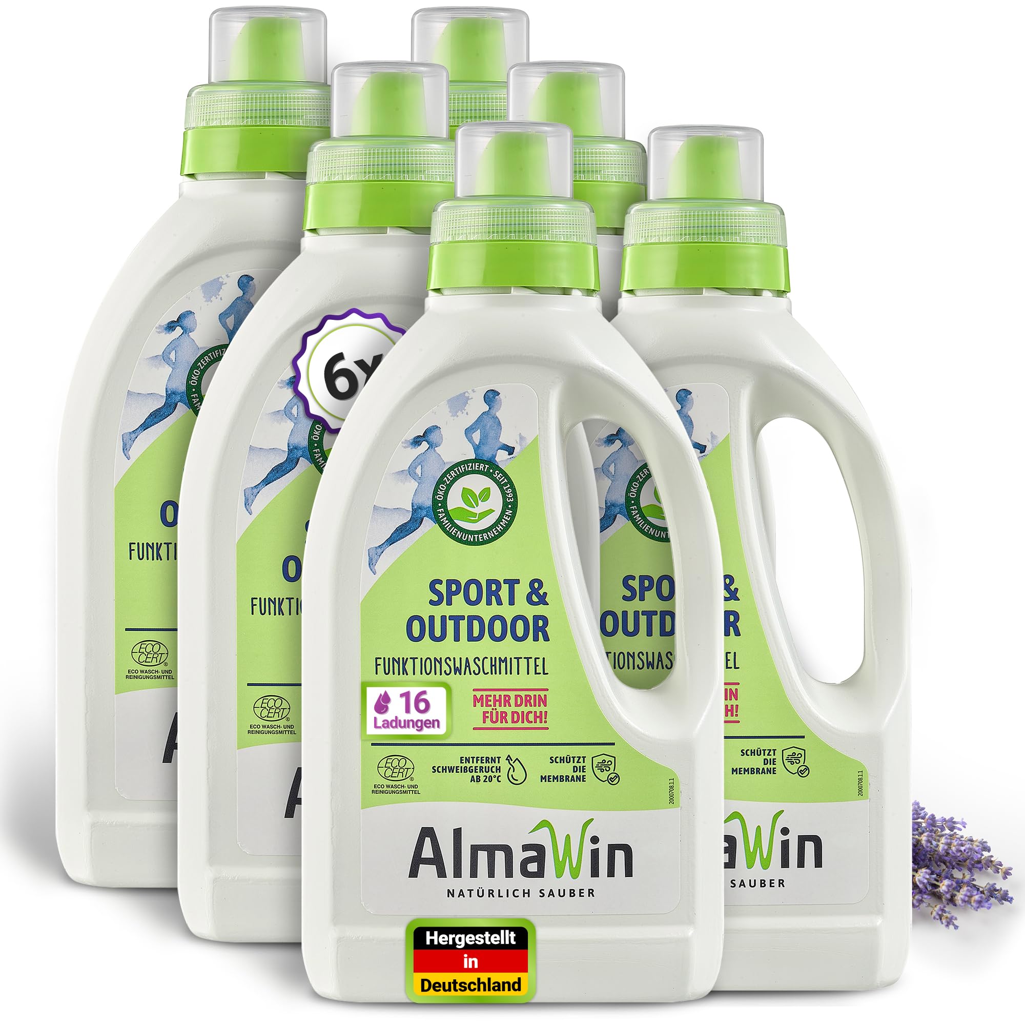 AlmaWin® Sportwaschmittel für Funktionskleidung [6x 750ml] entfernt effektiv Schweißgeruch - Membranfunktion-schützendes Funktionswaschmittel - Outdoor Waschmittel - Reisewaschmittel [20-40°C]