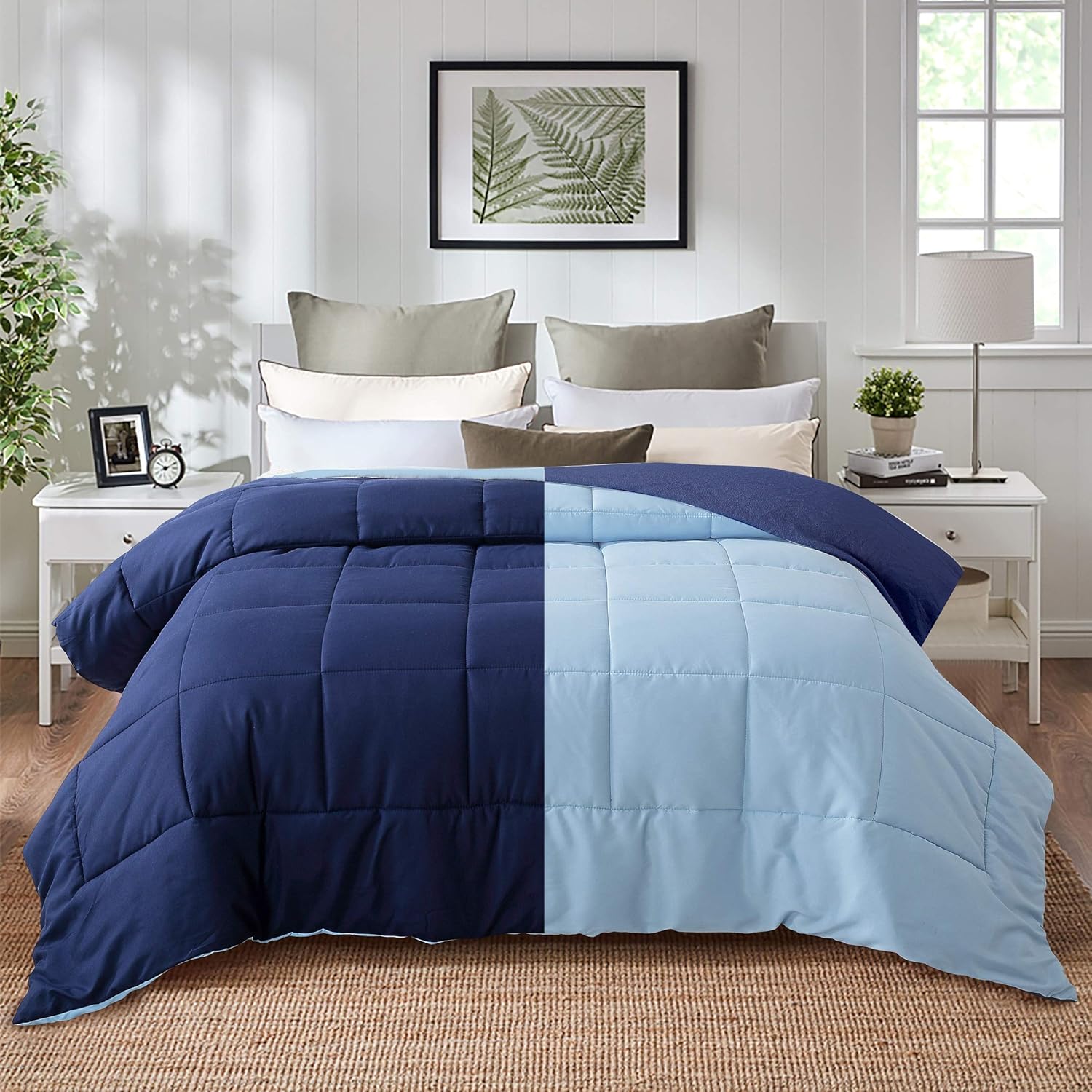 EVOLIVE All Season Pre Washed Soft Microfiber Down Alternative Reversible Comforter with Box Stitching (Navy/Light Blue, Full/Queen)