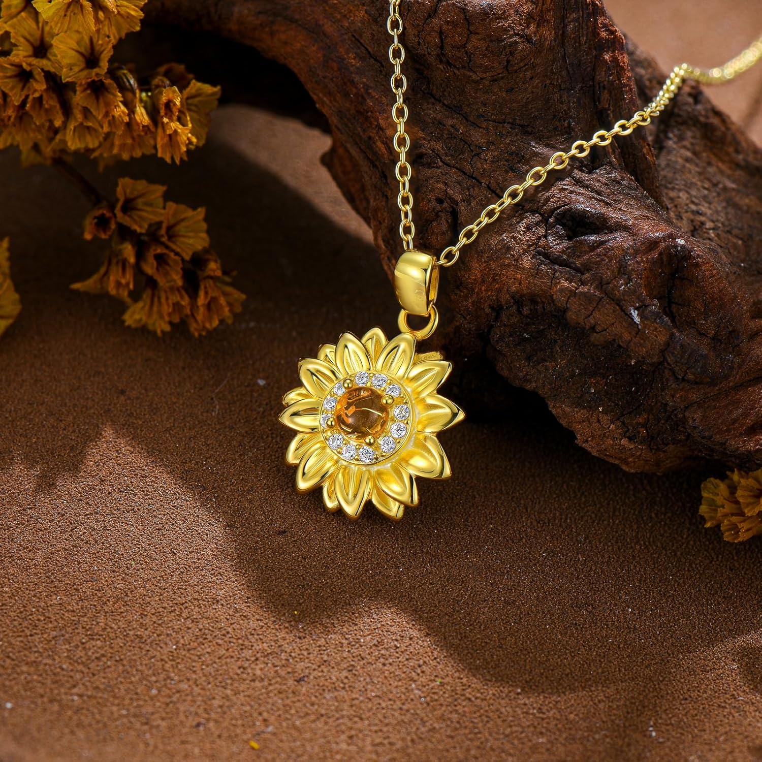 Dainty Genuine Amber Sunflower 18K Gold Plated Pendant Necklace 925 Sterling Silver vintage Natural Gemstone Jewelry for Women Sunflower Lover - Image 6