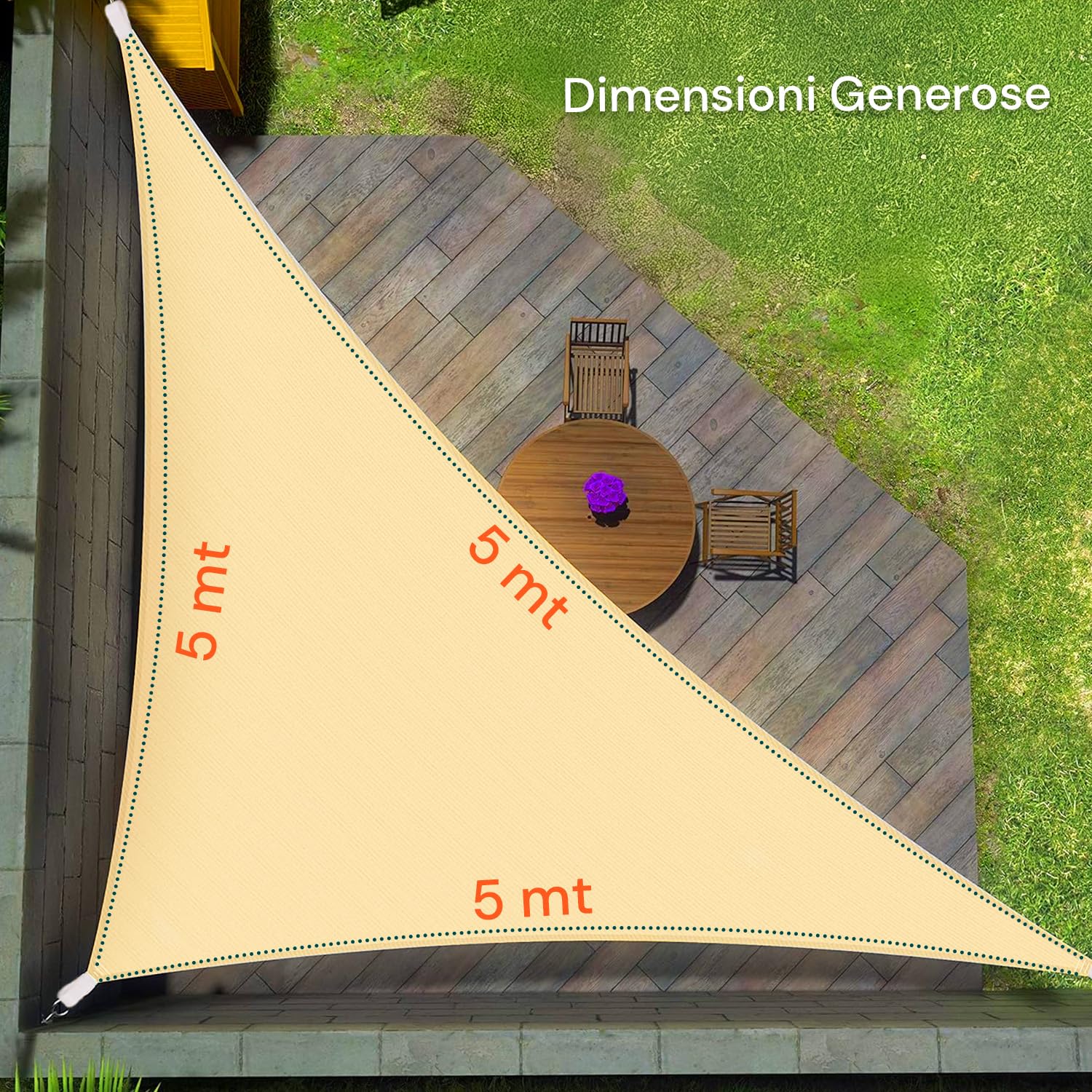 Tenda da Sole per Esterno Triangolare 5x5x5 m con Protezione UV e Pioggia - Telo Idrorepellente in Poliestere 210D - Facile da Montare