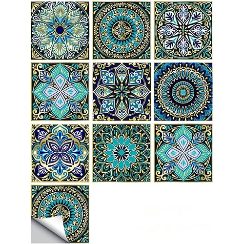 10PCS Peel and Stick Tile Backsplash Stickers, 4"x4" DIY Backsplash Mandala Style Stickers for Kitchen & Bathroom, Self-Adhesive Removable Waterproof Tile Decals for Home Decor